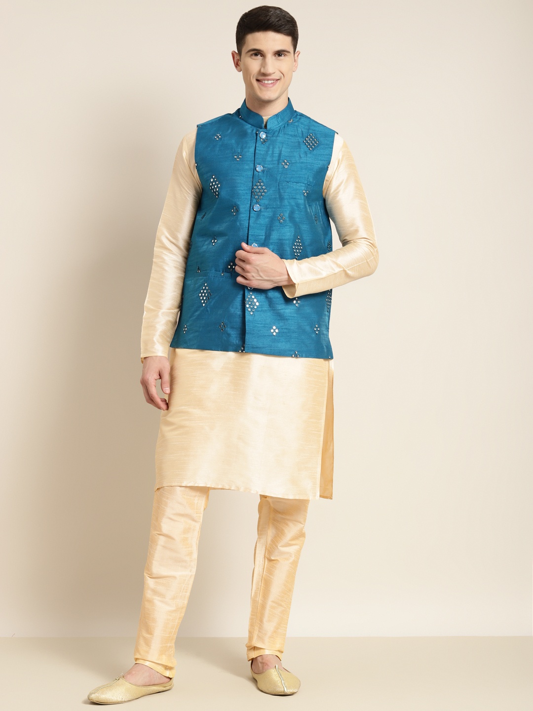 

SOJANYA Men Gold-Toned Mirror Work Kurta with Churidar & Nehru Jacket