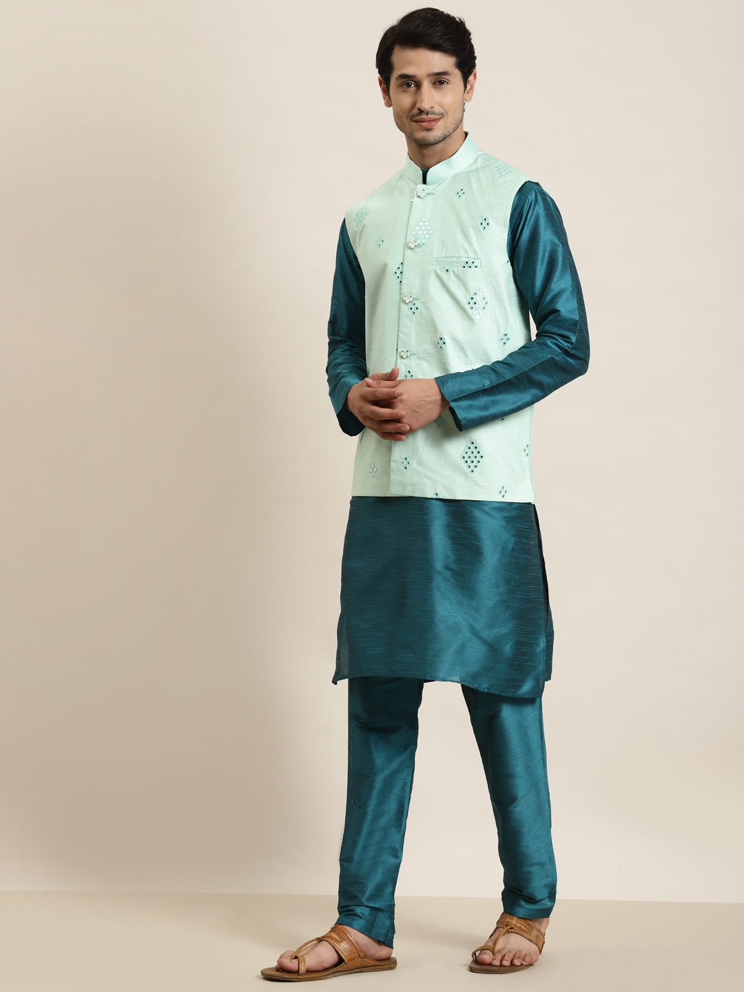 SOJANYA Men Teal Green Silk Cotton Kurta with Churidar & Nehru Jacket