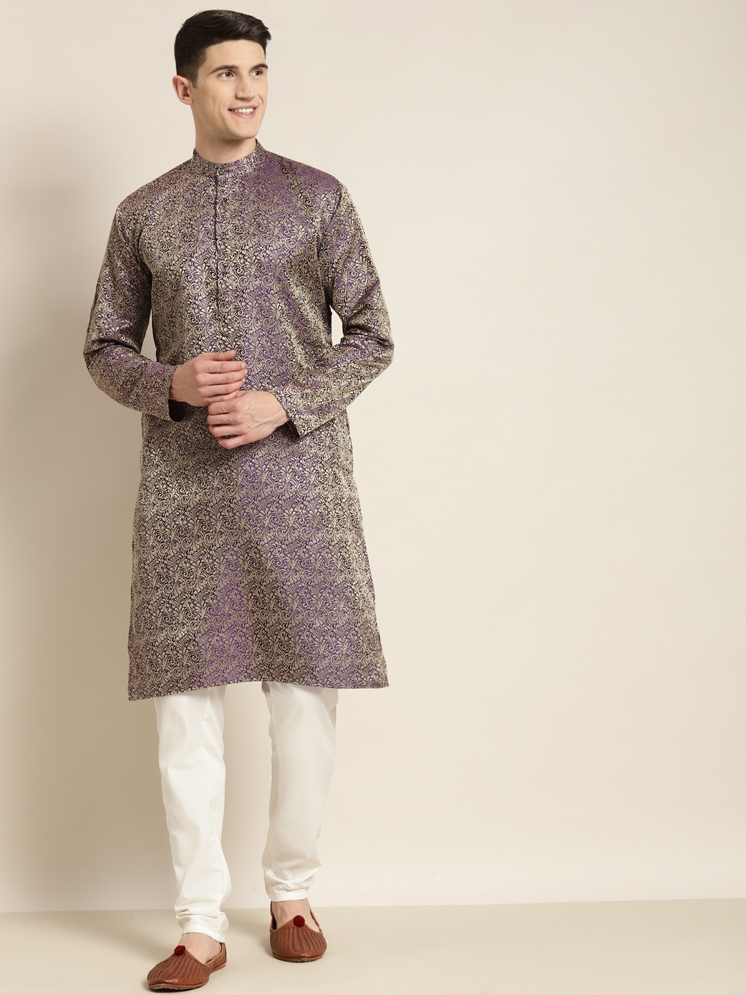 

SOJANYA Men Purple Jacquard Silk Kurta with Churidar