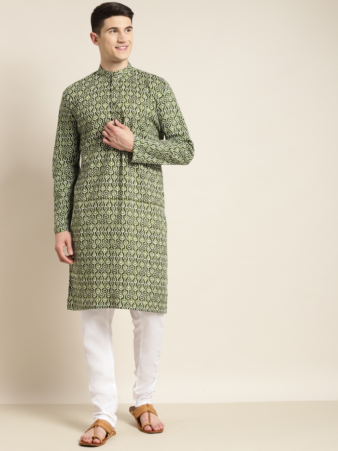 

SOJANYA Men Green & White Ethnic Motifs Printed Kurta