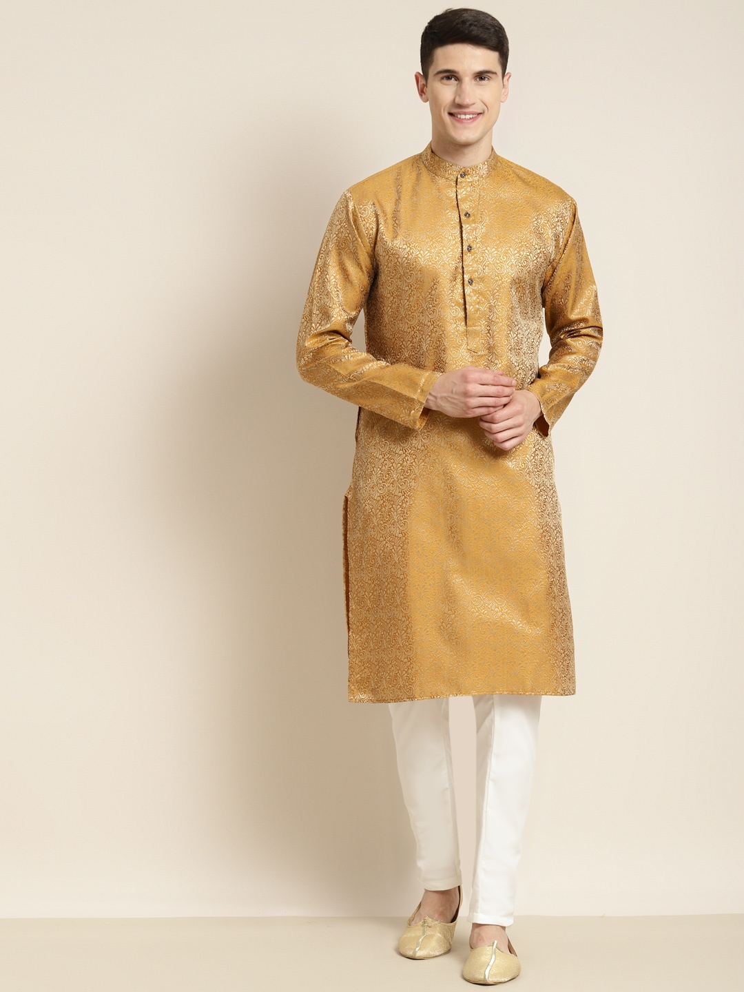 

SOJANYA Men Mustard Yellow Jacquard Silk Kurta with Churidar