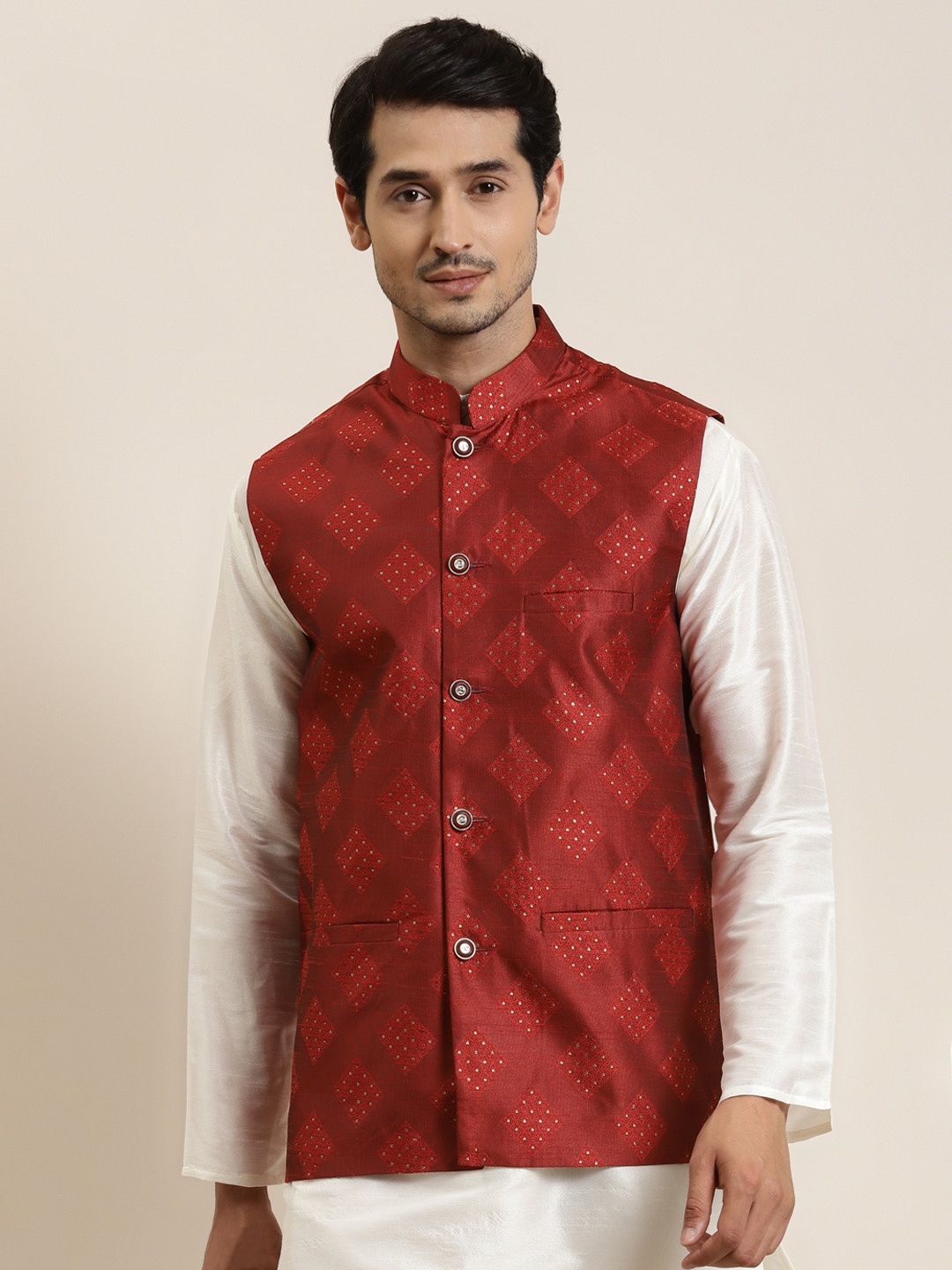 

SOJANYA Men Maroon & Golden Woven Design Nehru Jacket