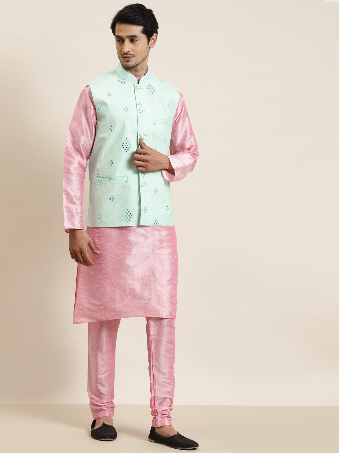 

SOJANYA Men Pink Mirror Work Kurta with Churidar & Nehru Jacket