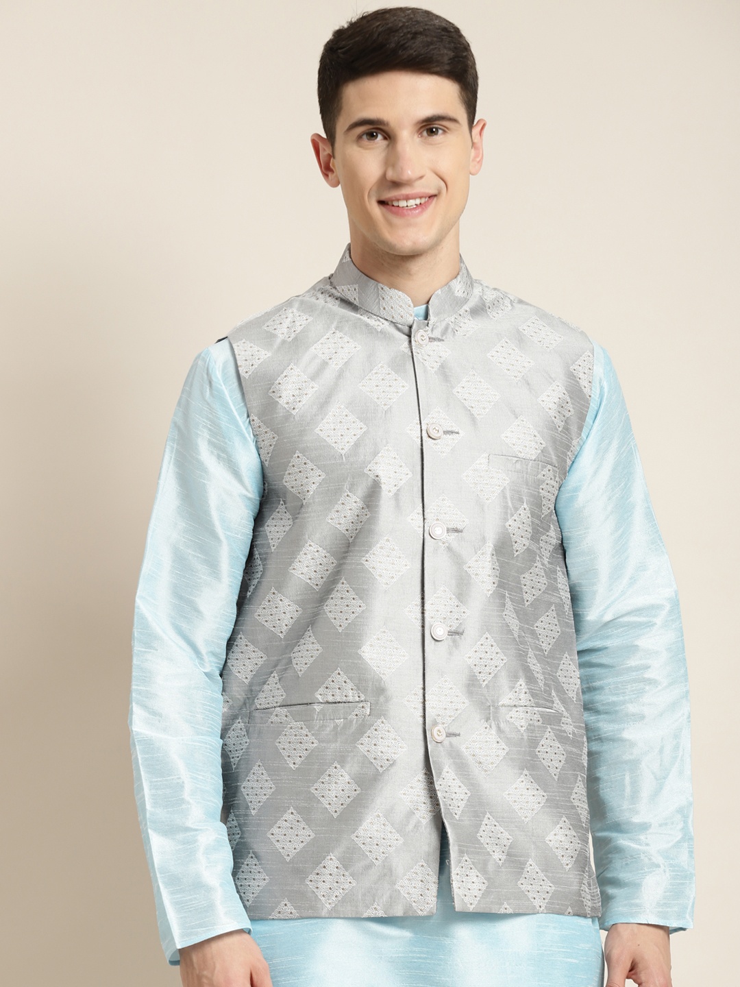 

SOJANYA Men Grey & Golden Woven Design Nehru Jacket