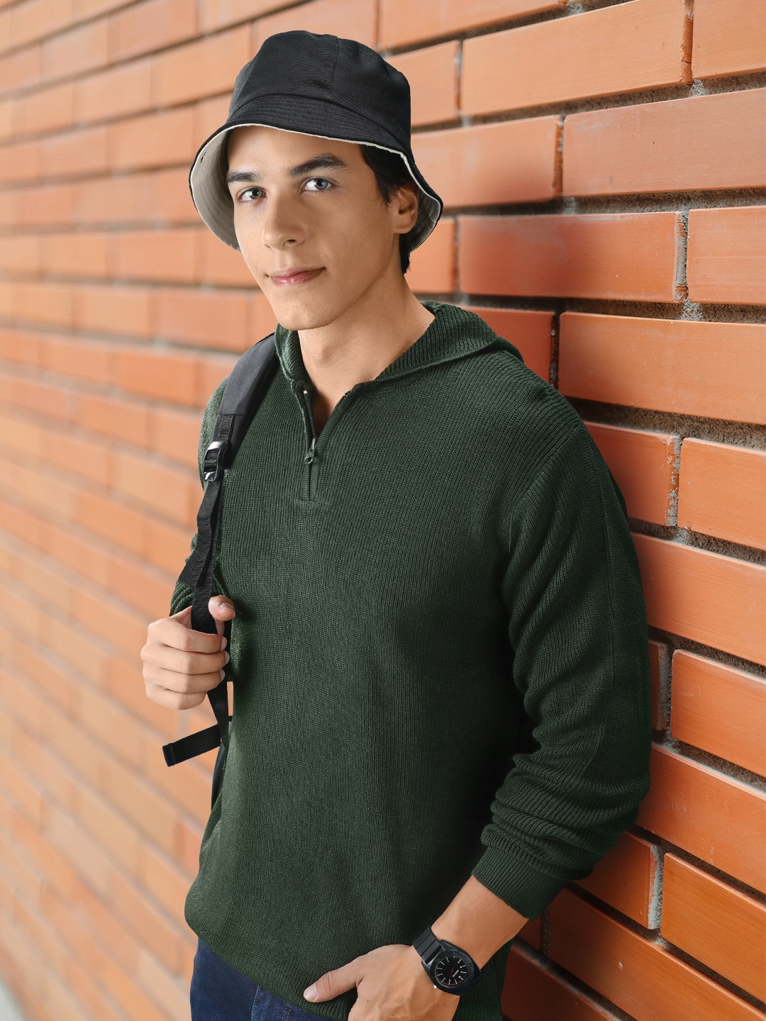 

Harvard Men Olive Green Solid Ribbed Hooded Half Zipper Knitted Acrylic Pullover
