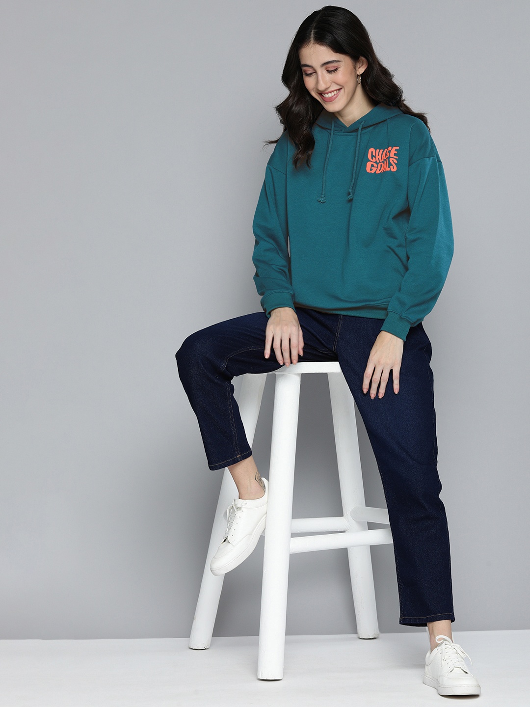 

Harvard Women Solid Hooded Sweatshirt With Minimal Typography Print Detail, Teal