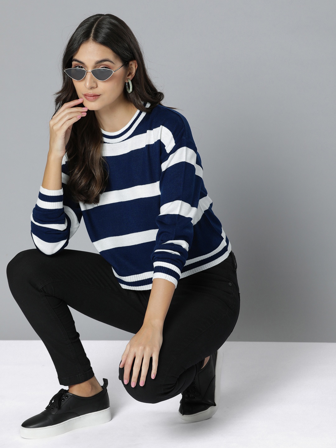 

Harvard Women Navy Blue & White Striped Pullover
