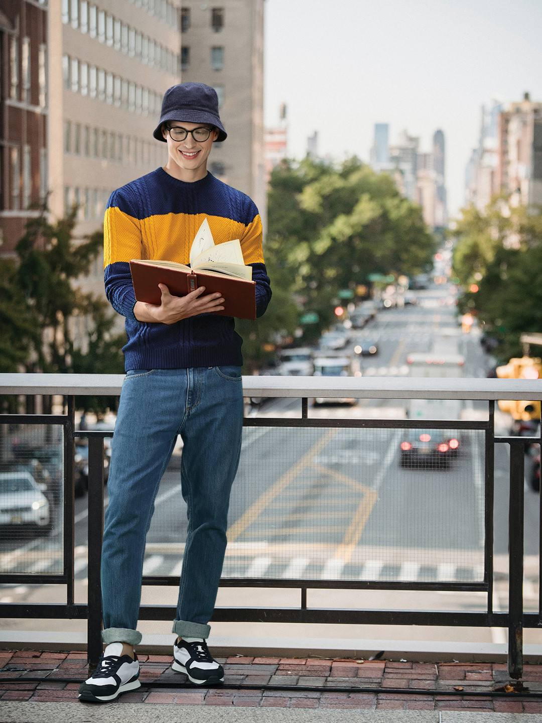 

Harvard Men Navy Blue & Mustard Cable Knit Colourblocked Pullover