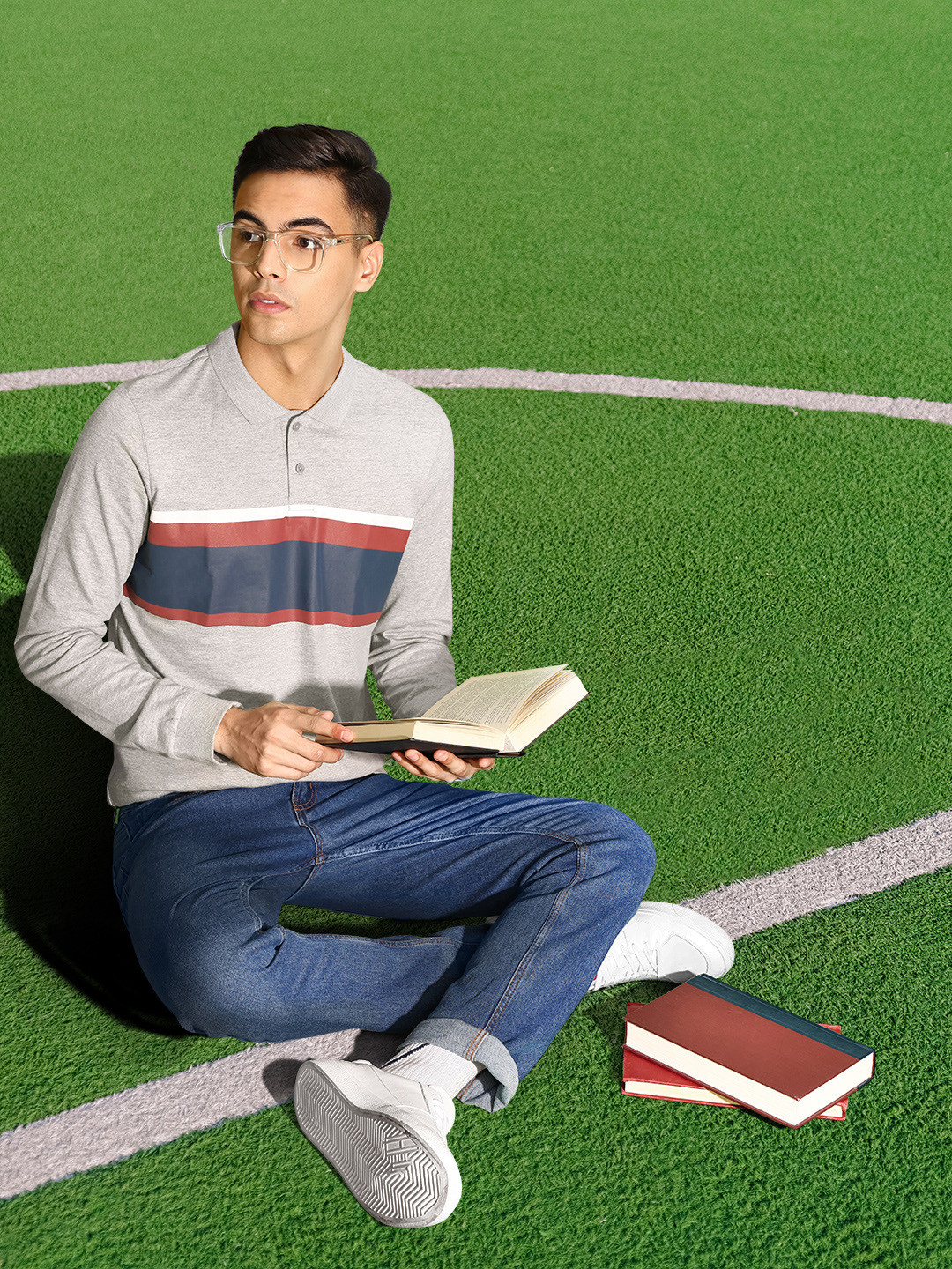 

Harvard Pure Cotton Polo Collar Full Sleeves Striped Casual T-shirt, Grey