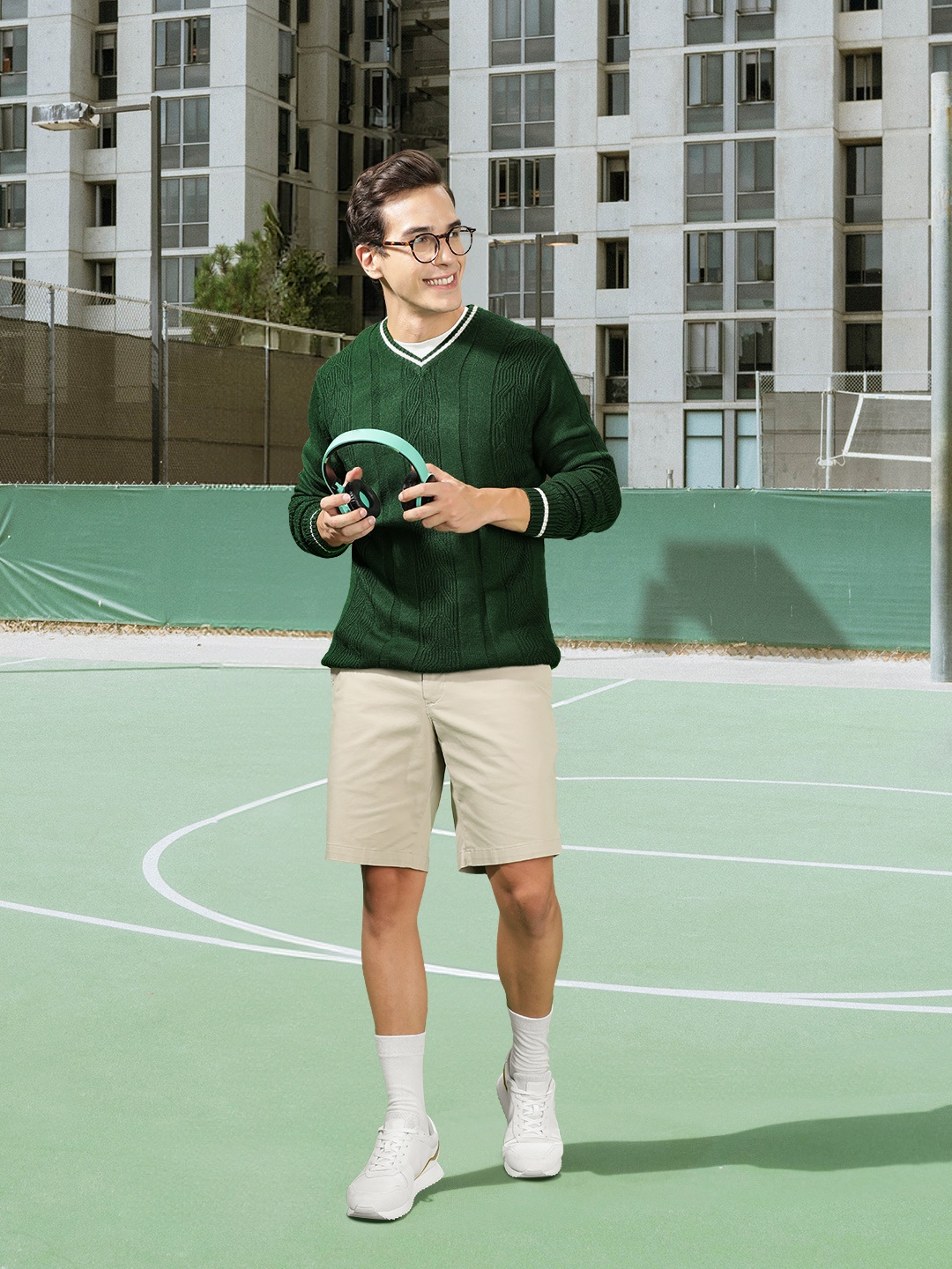 

Harvard Men Dark Green Cable Knit Striped Pullover