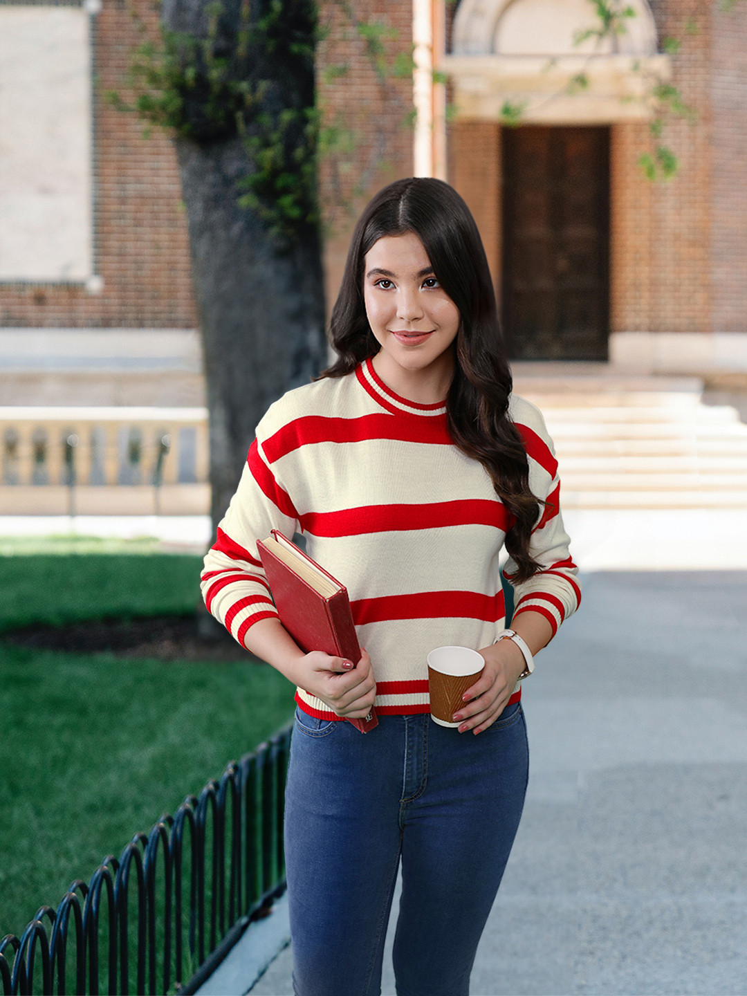 

Harvard Women Cream-Coloured & Red Striped Pullover