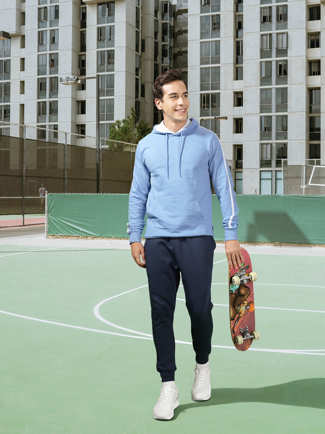 

Harvard Men Light Blue Solid Hooded Sweatshirt With Tape Detailed Sleeves