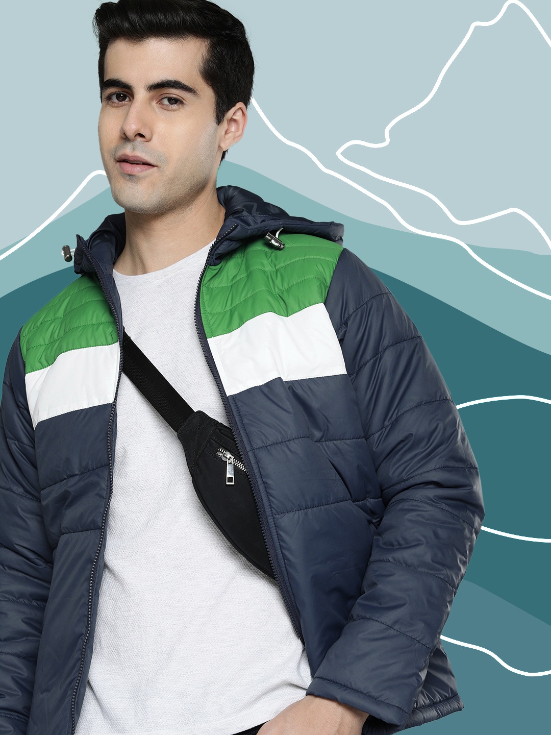 

Harvard Men Navy Blue & Green Colourblocked Padded Jacket