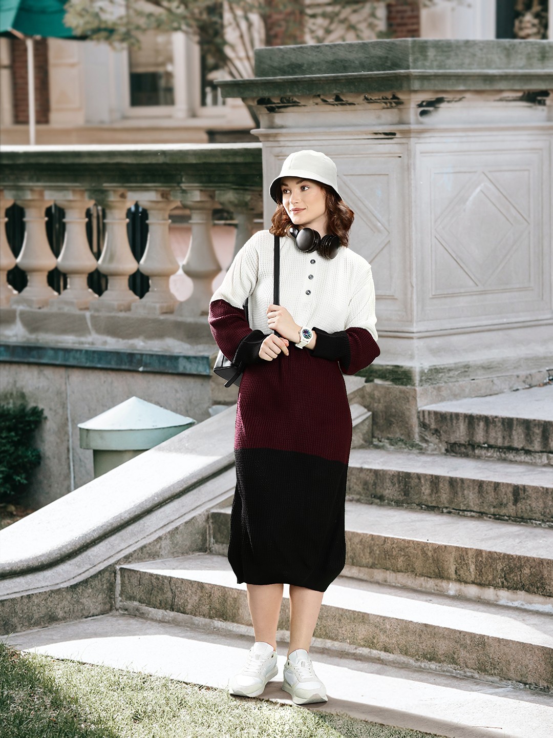 

Harvard White & Maroon Colourblocked Long Sleeves Midi Jumper Dress