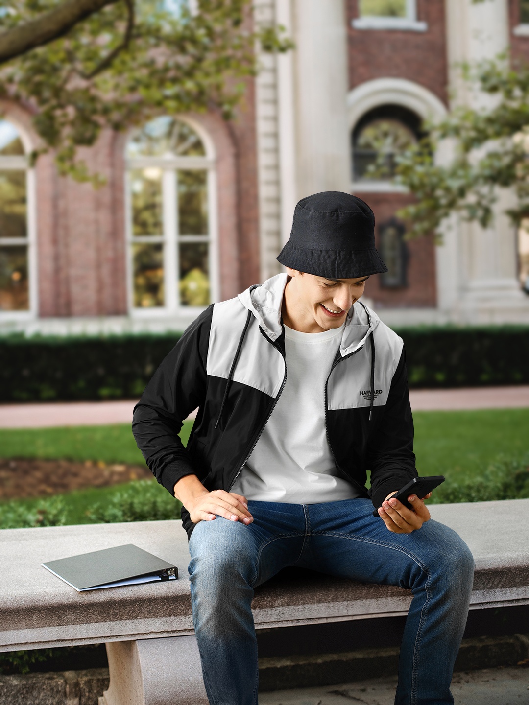 

Harvard Men Black And Grey Colourblocked Hooded Bomber Jacket