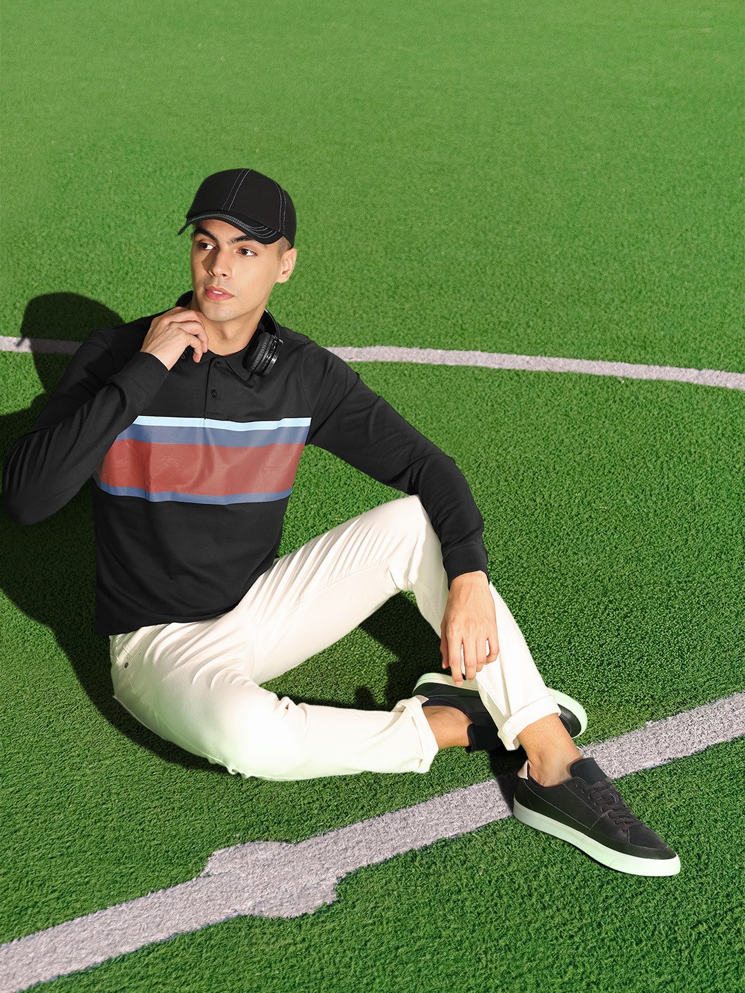 

Harvard Pure Cotton Polo Collar Full Sleeves Striped Casual T-shirt, Black