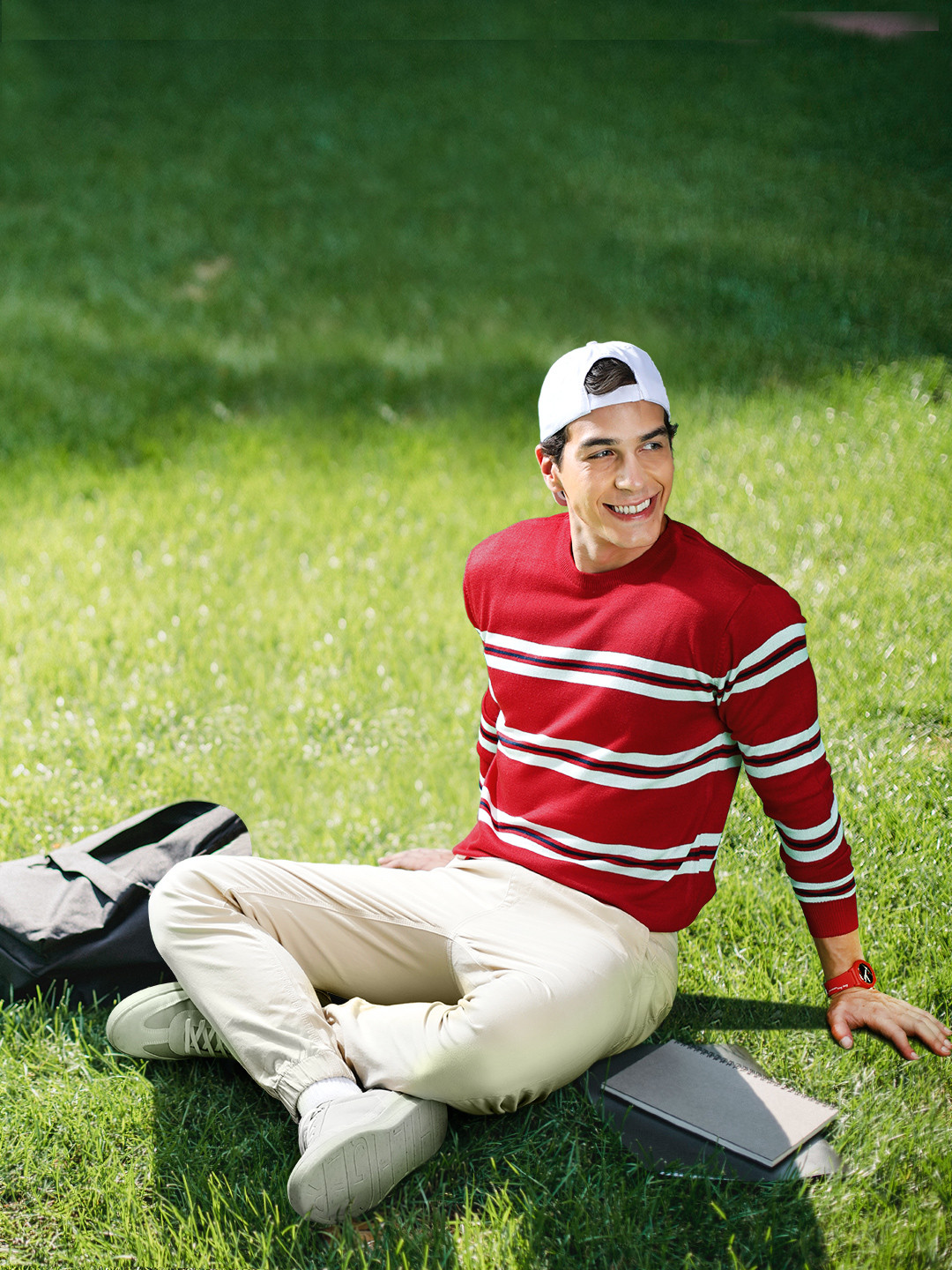 

Harvard Men Red & White Striped Round Neck Long Sleeves Pullover Sweaters