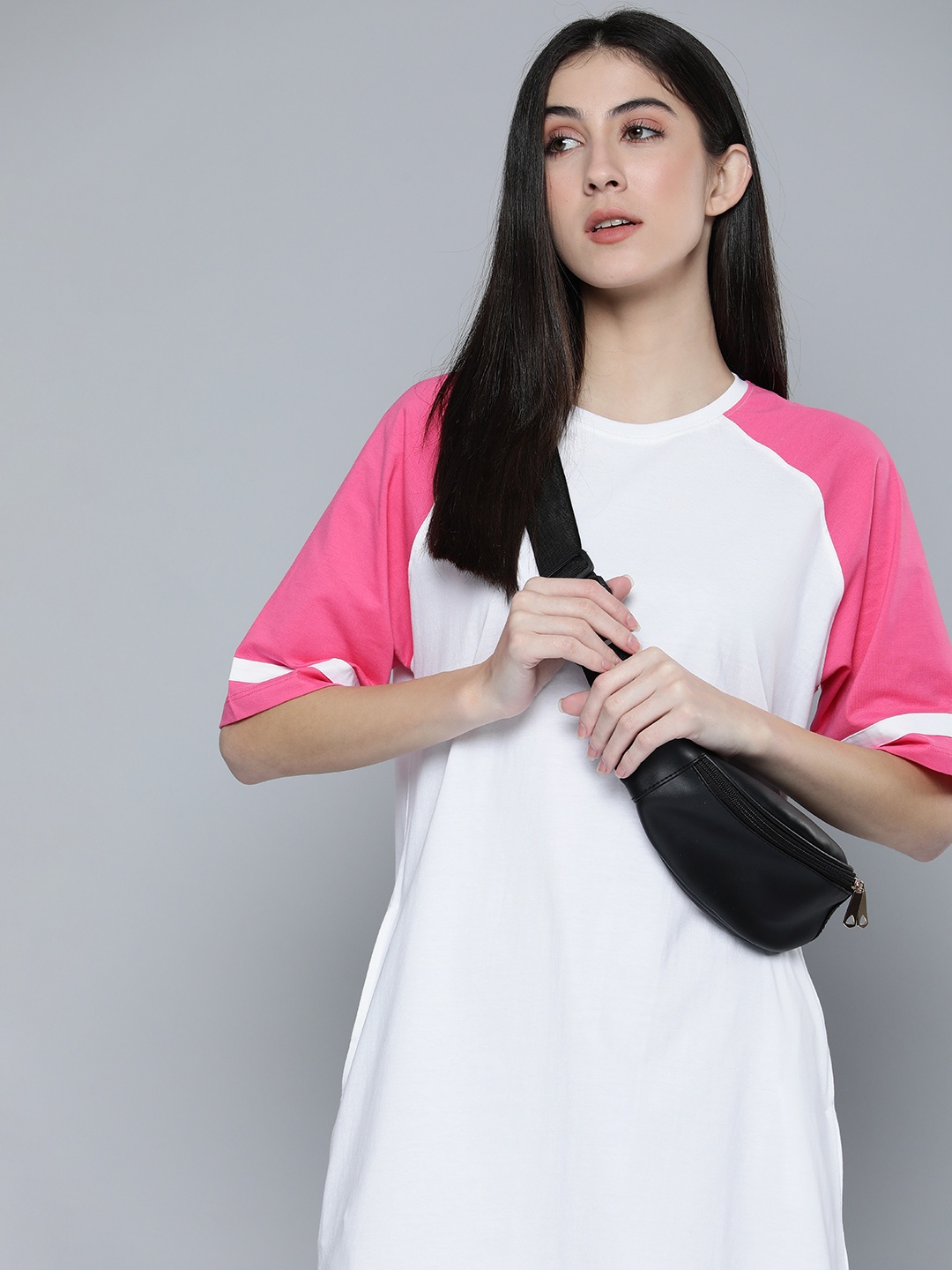

Harvard Pure Cotton Round Neck T-shirt Dress With Contrast Sleeves, White