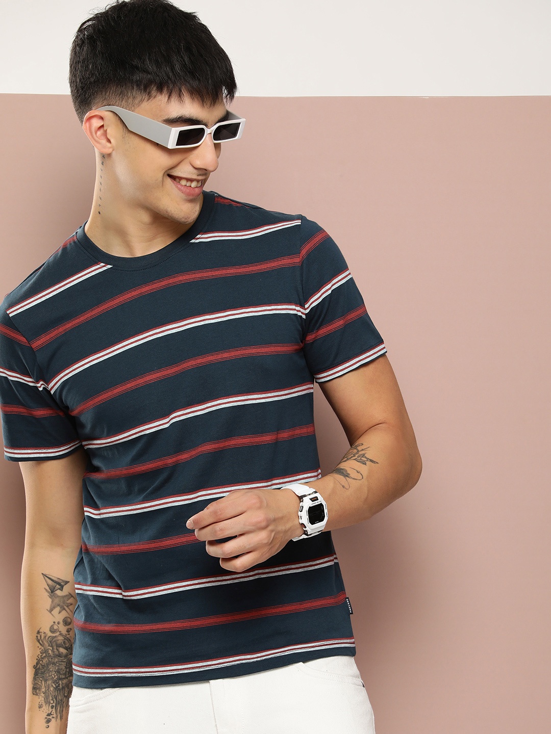 

Harvard Round Neck Striped Pure Cotton T-shirt, Navy blue