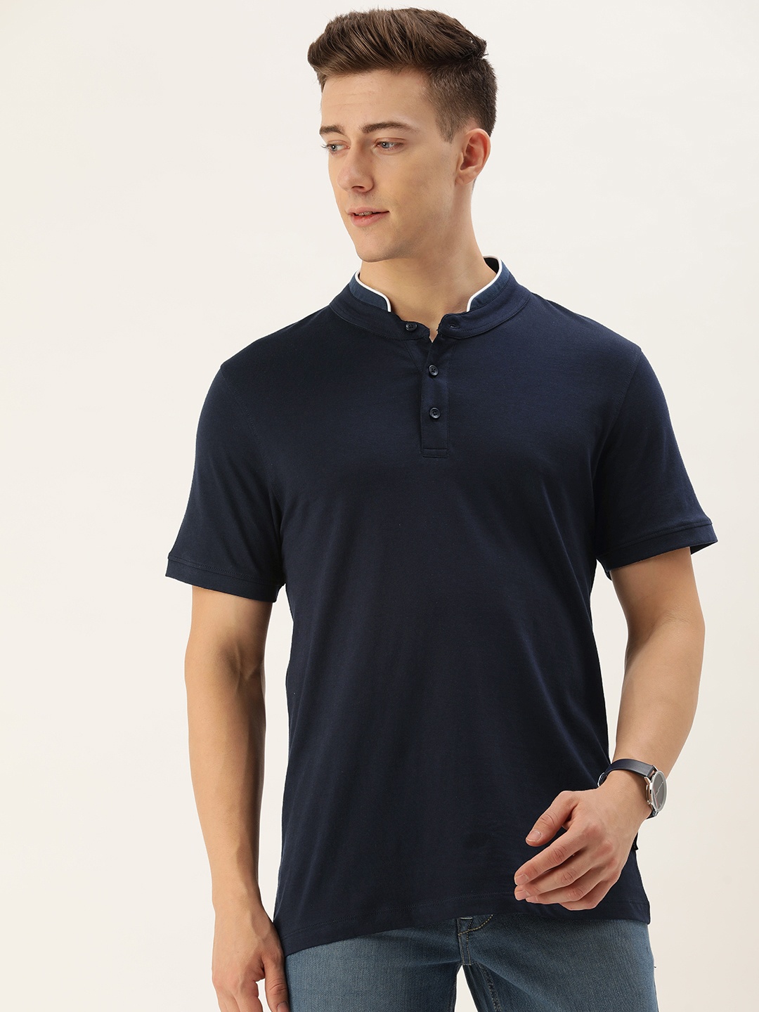 

Harvard Henley Neck Pure Cotton T-shirt, Navy blue