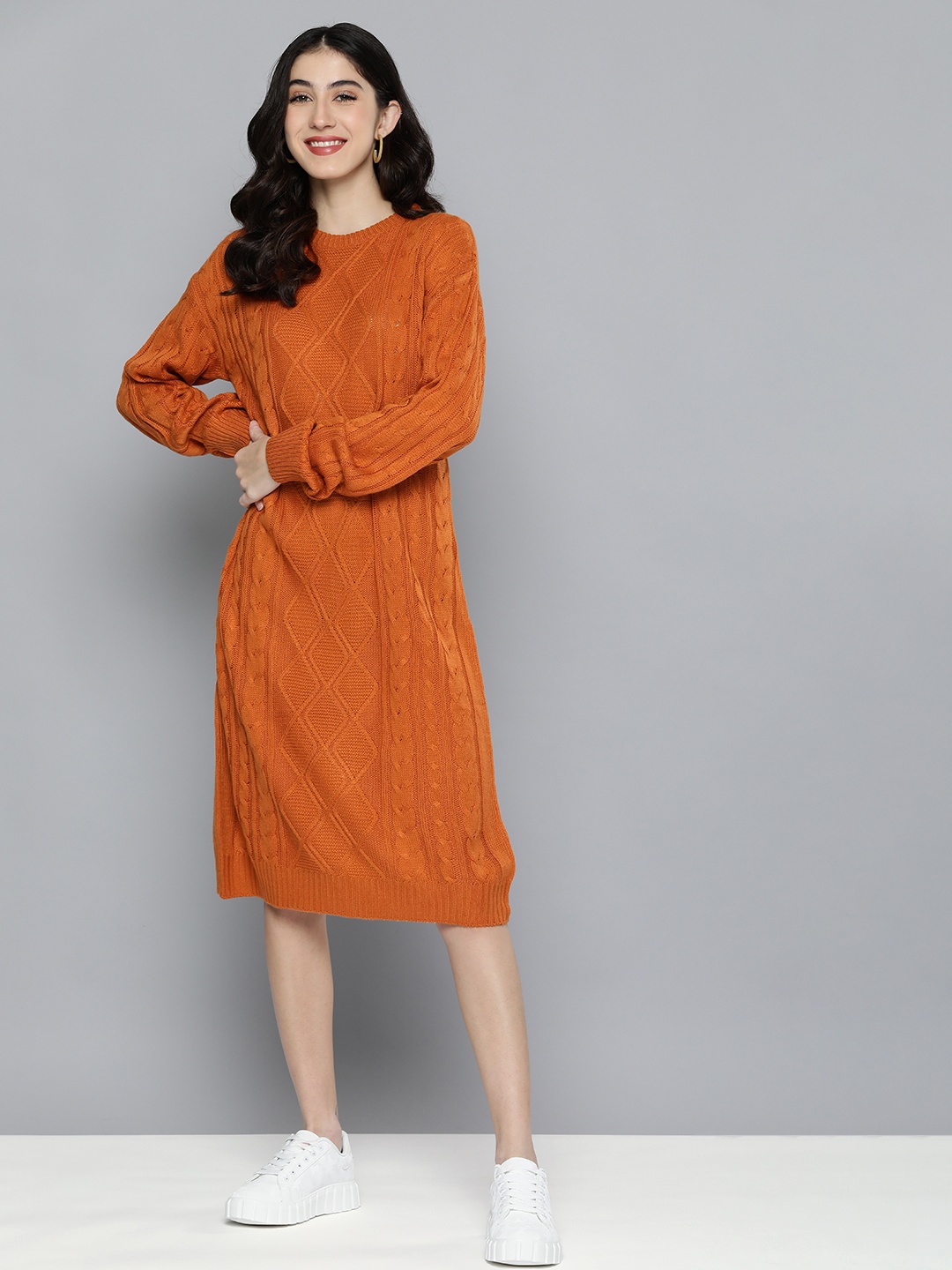 

Harvard Women Rust Orange Self Design Cable Knit Knitted Jumper Midi Dress