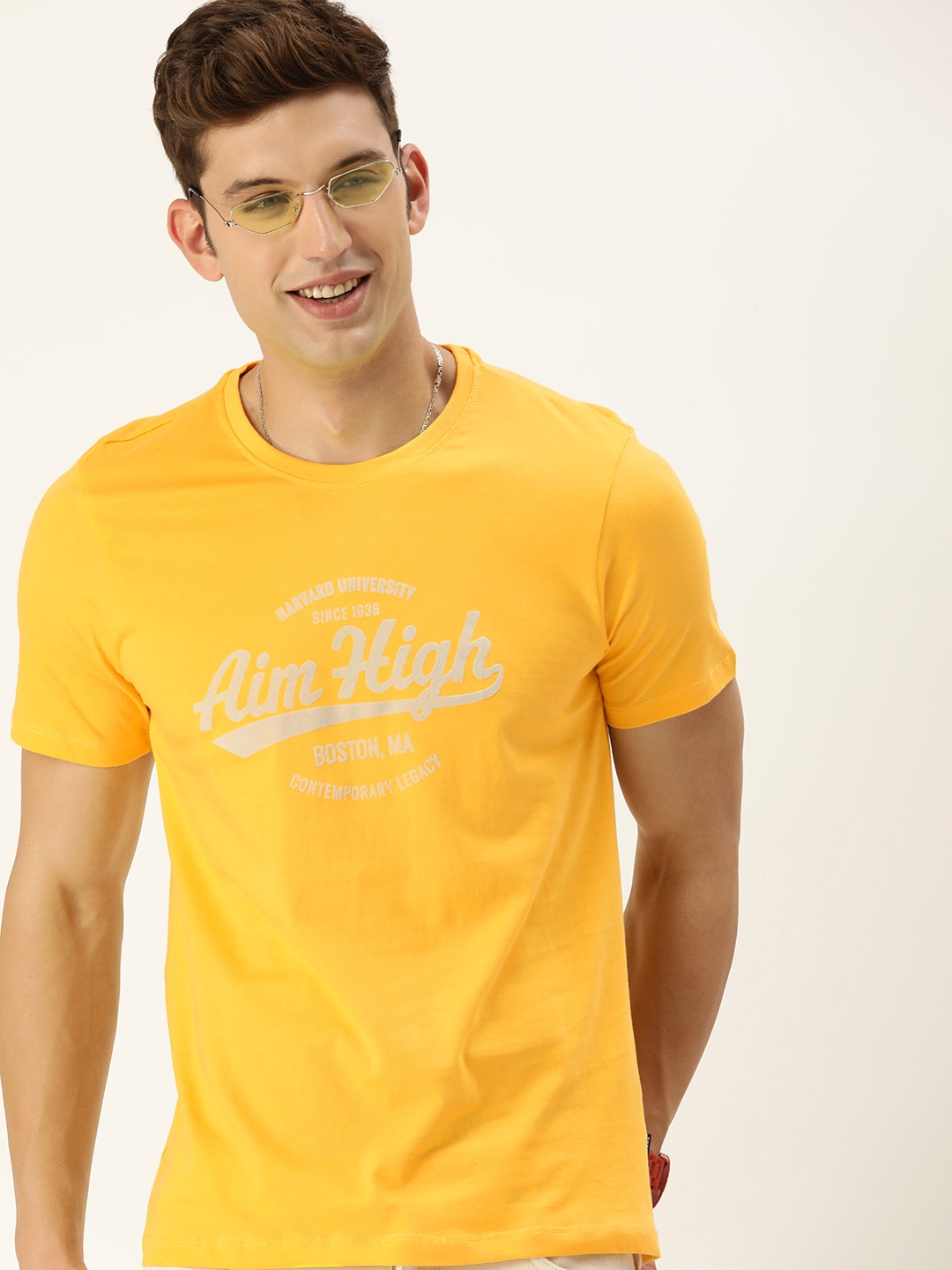 

Harvard Men Yellow Typography Printed Pure Cotton T-shirt