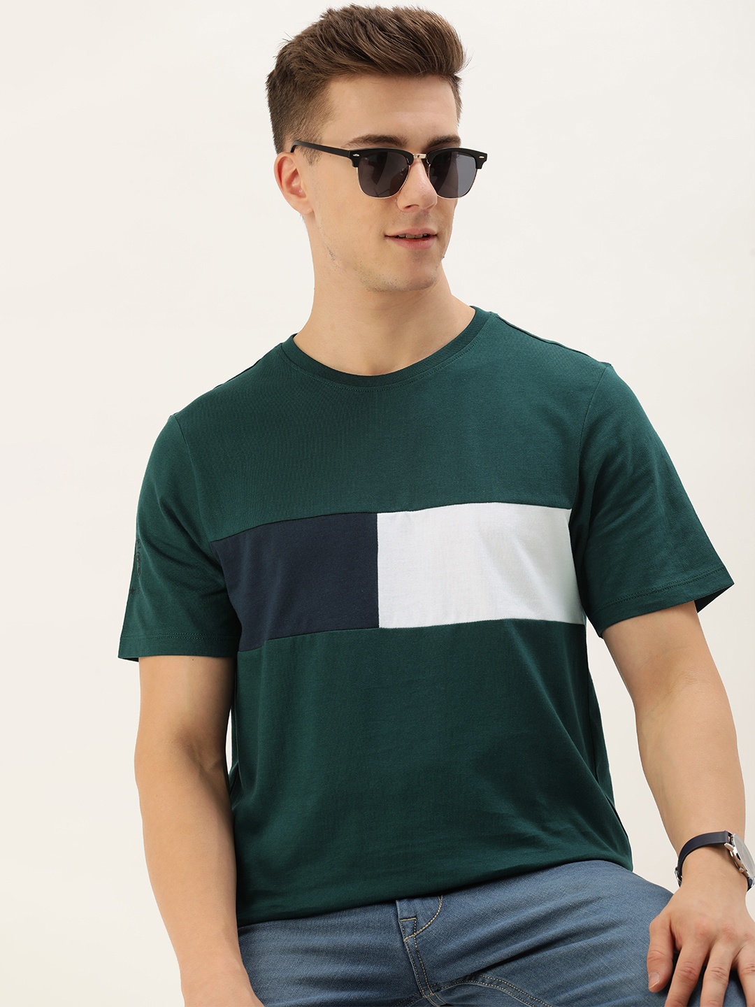 

Harvard Colourblocked Pure Cotton T-shirt, Green