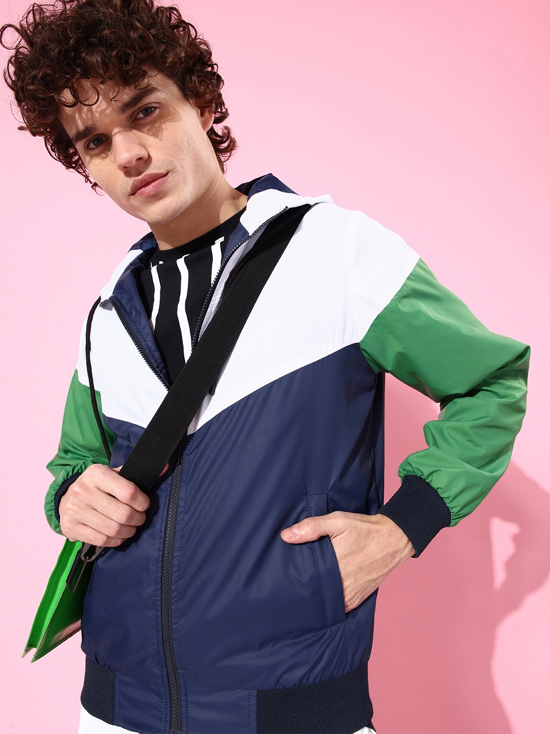 

Harvard Men White & Navy Blue Colourblocked Hooded Bomber Jacket