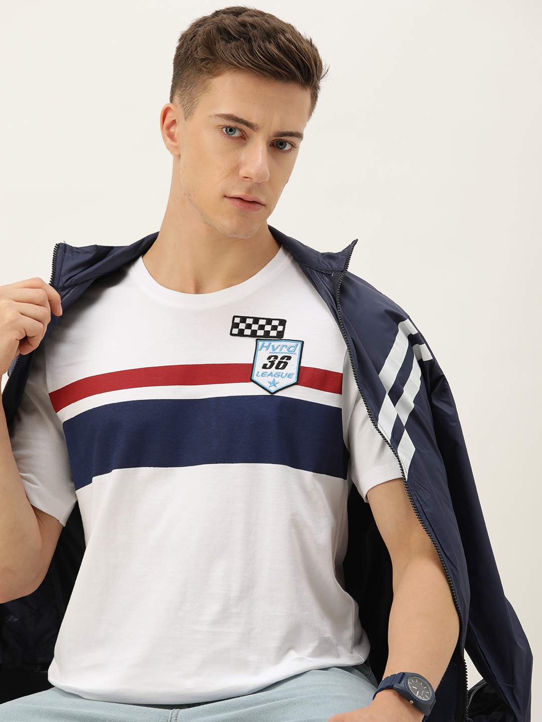 

Harvard Striped Applique Pure Cotton Casual T-shirt, White