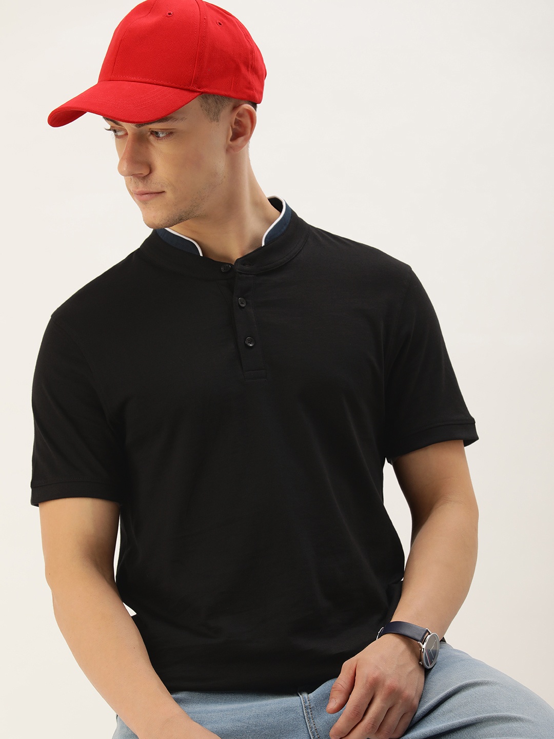 

Harvard Pure Cotton Henley Neck Solid Casual T-shirt, Black