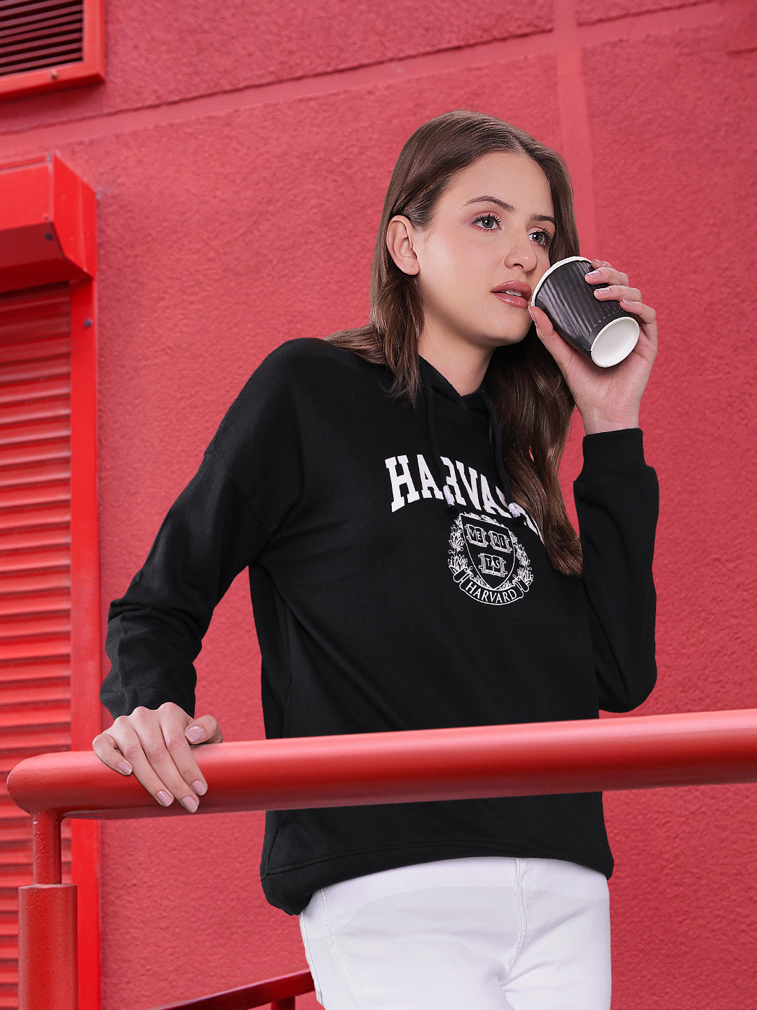 

Harvard Women Black Brand Logo Printed Hooded Sweatshirt