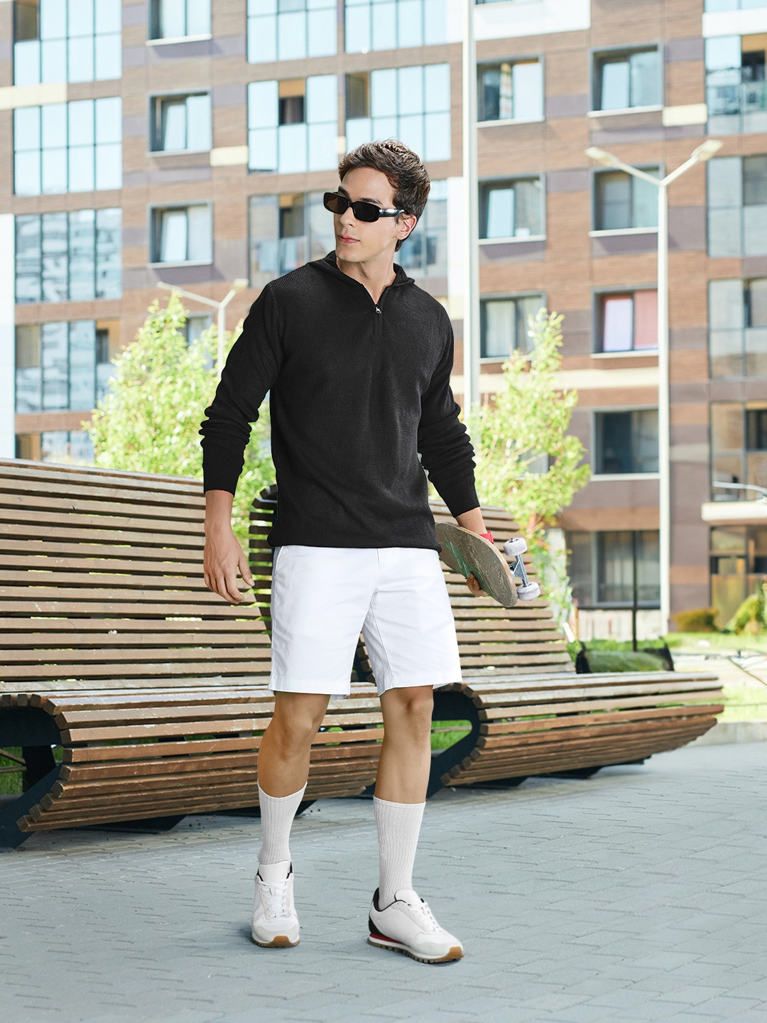

Harvard Men Black Solid Ribbed Hooded Half Zipper Knitted Acrylic Pullover