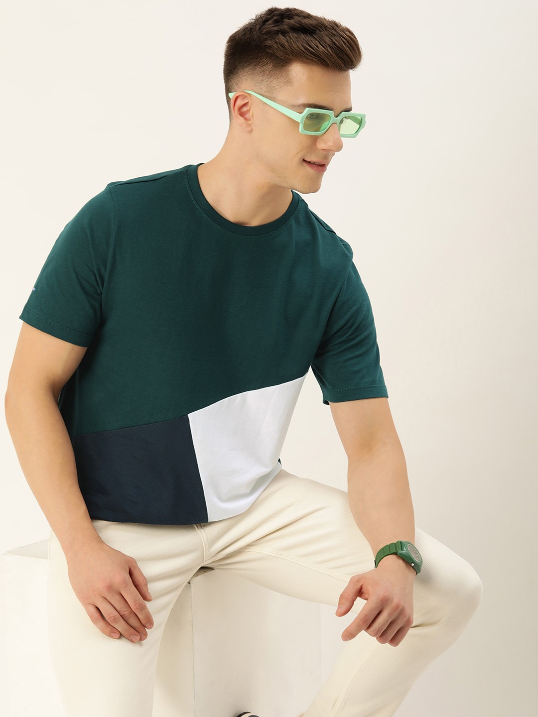 

Harvard Colourblocked Pure Cotton T-shirt, Olive