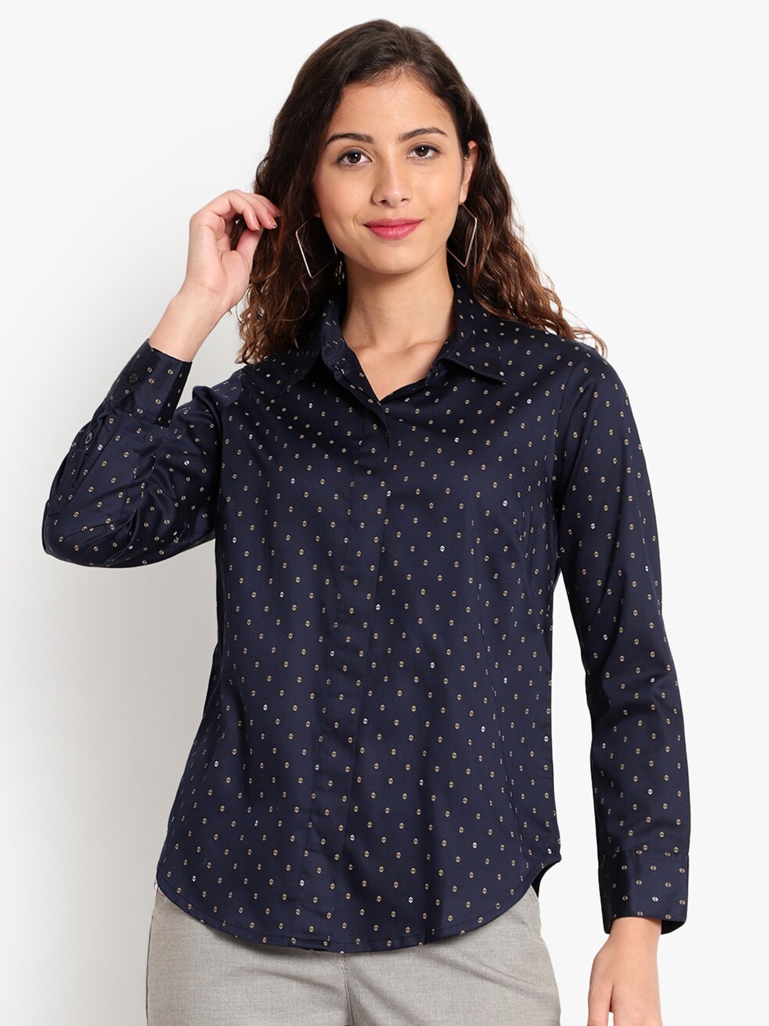 

Indietoga Women Plus Size Navy Blue Printed Slim Fit Cotton Formal Shirt