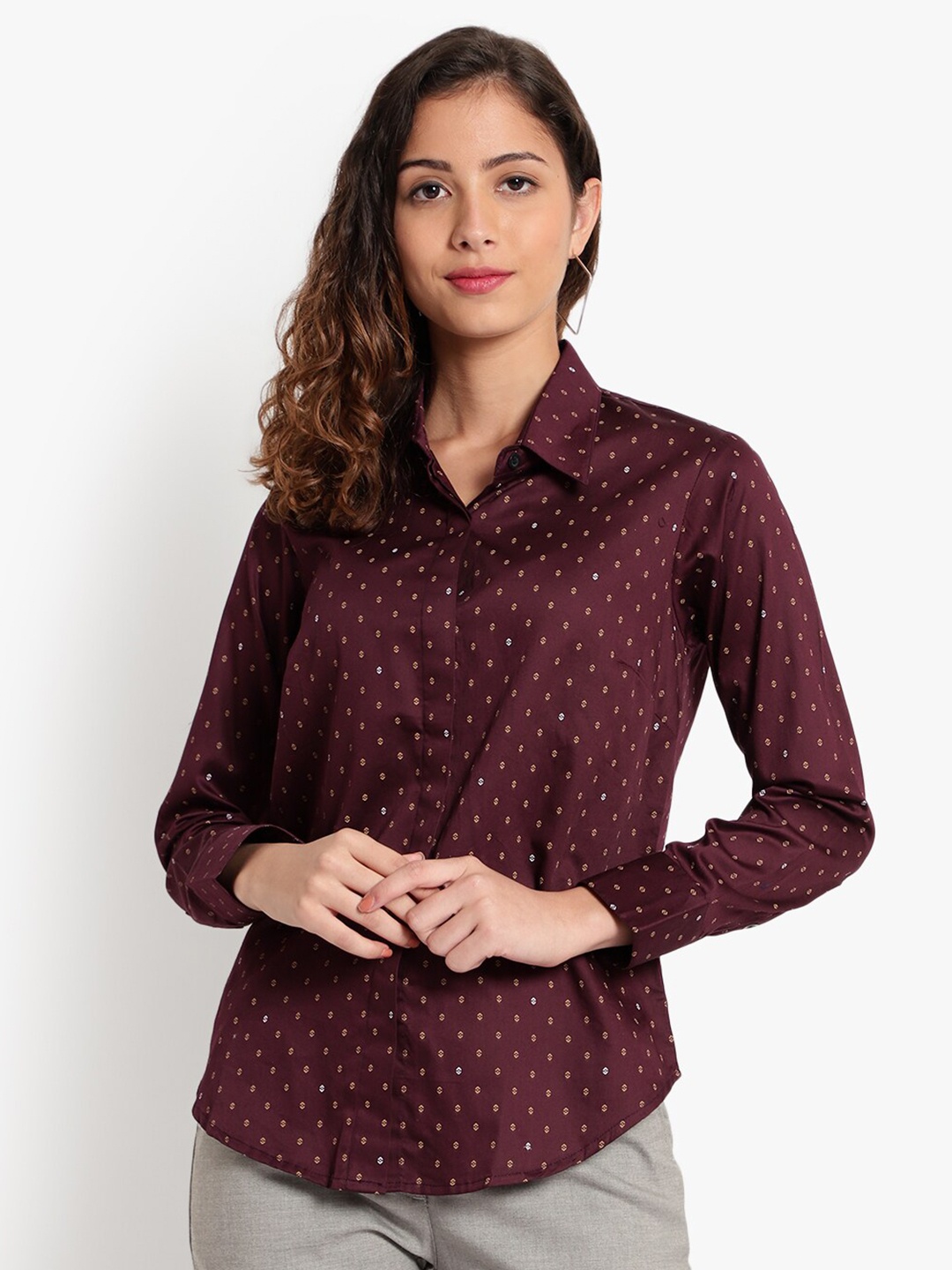 

Indietoga Women Plus Size Burgundy Printed Slim Fit Cotton Formal Shirts