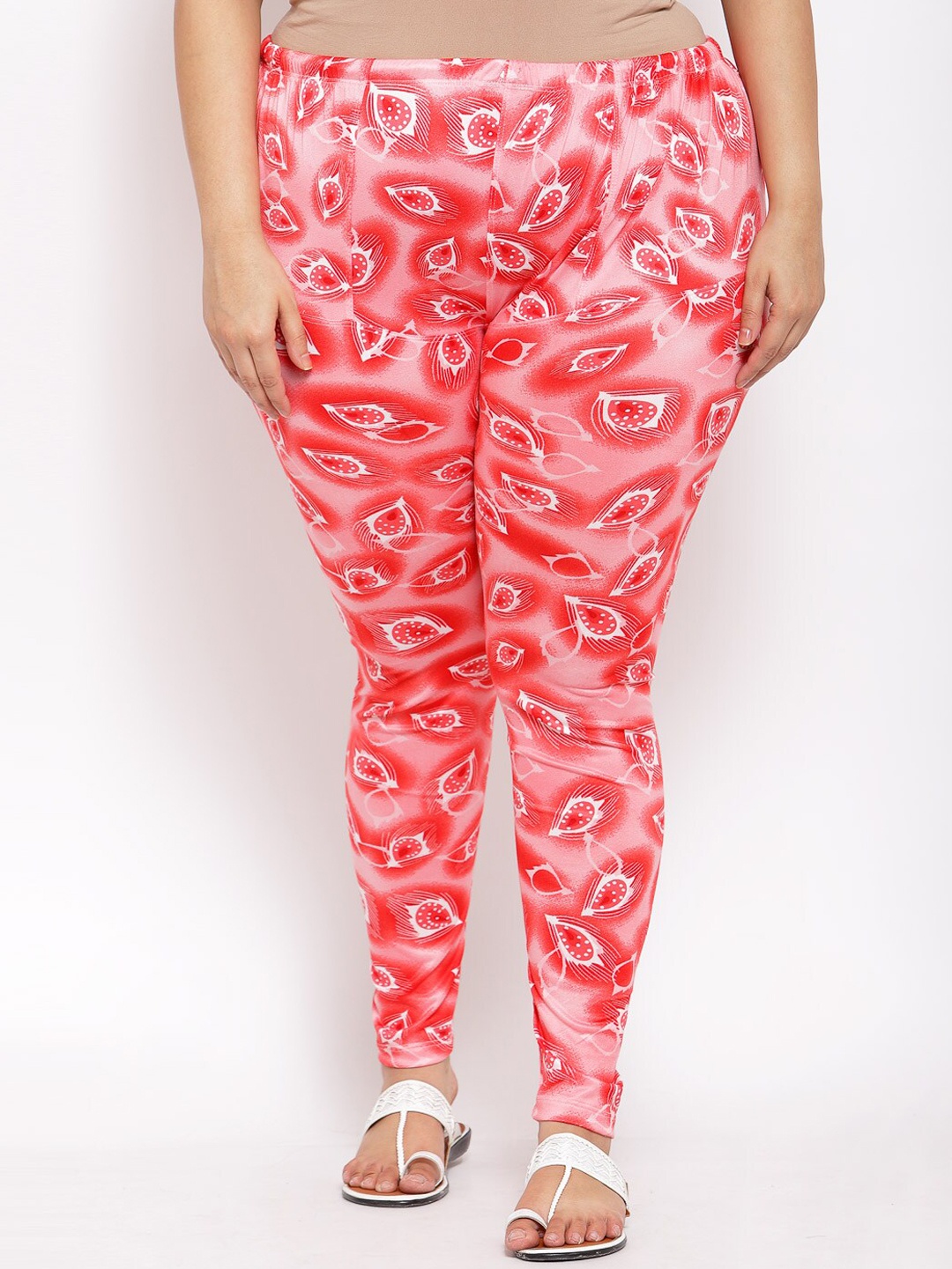 

KLOTTHE Women Red & Peach Printed Churidar Length Leggings