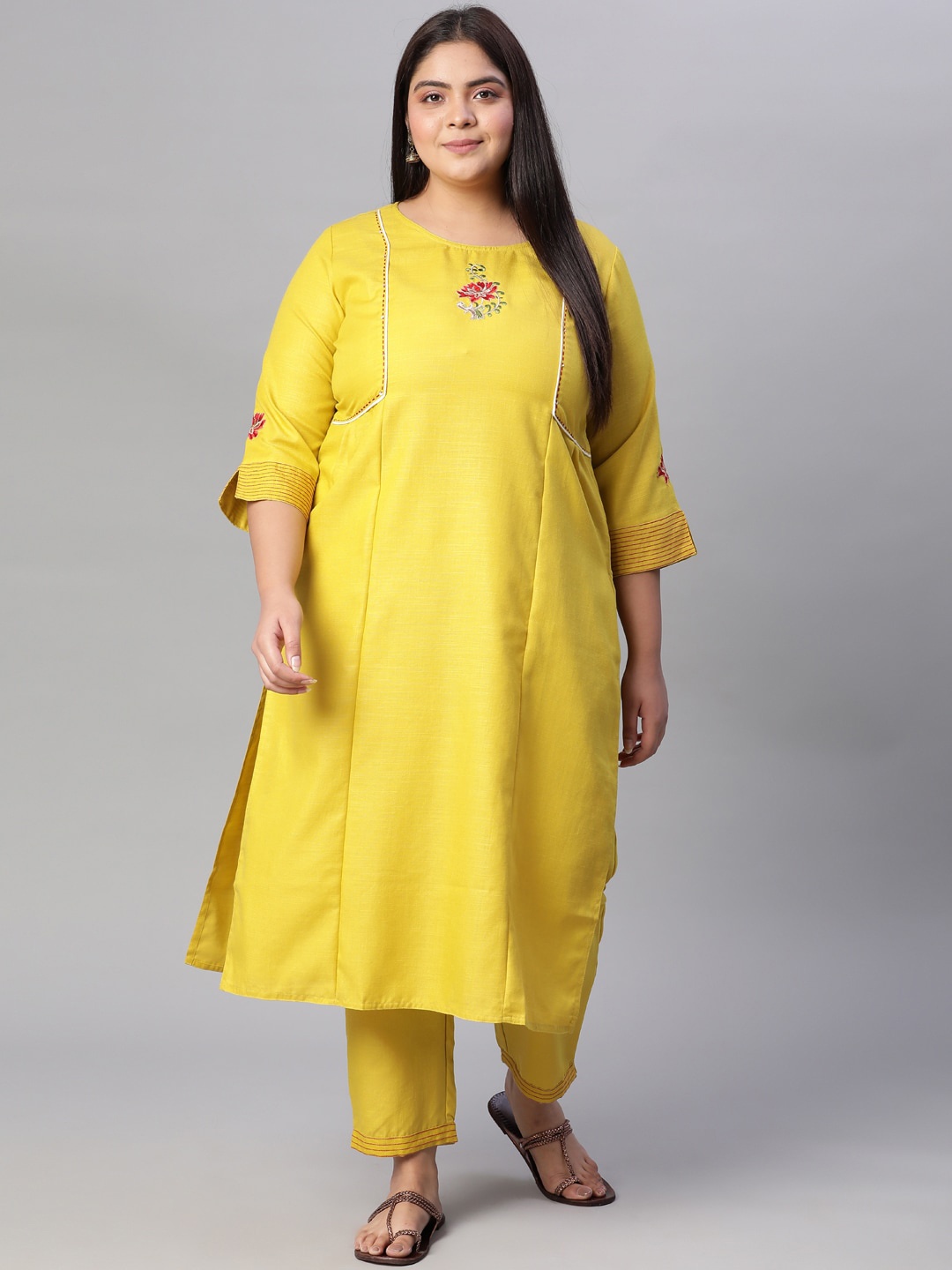 

Jaipur Kurti Women Yellow Kantha Work Handloom Kurta with Trousers