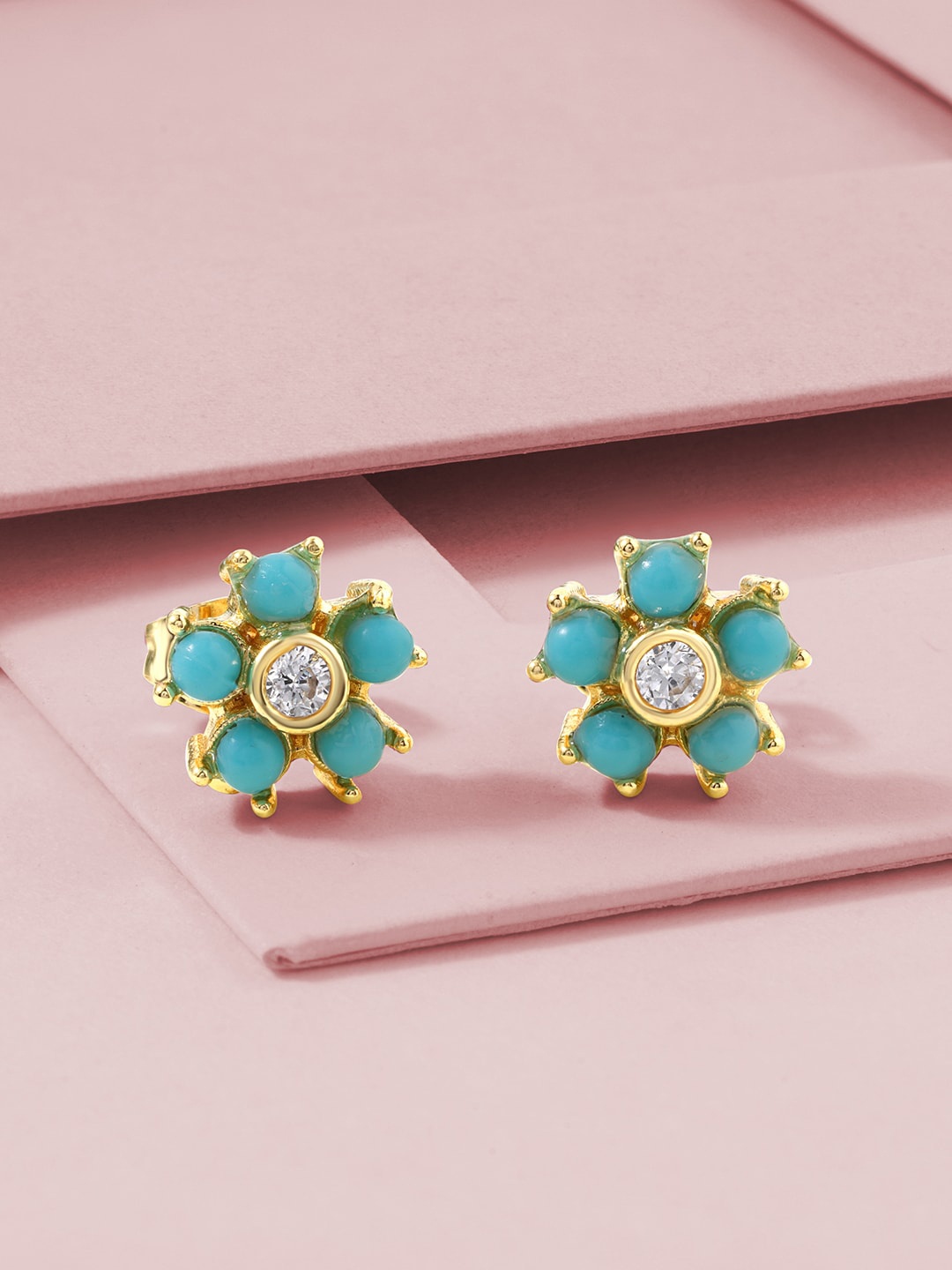 

MINUTIAE Women Turquoise Blue Gold Plated Floral Studs Earrings