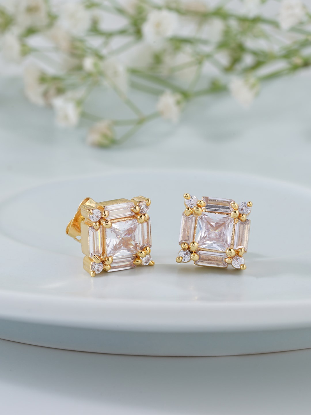 

MINUTIAE Gold-Toned & White Square Studs Earrings