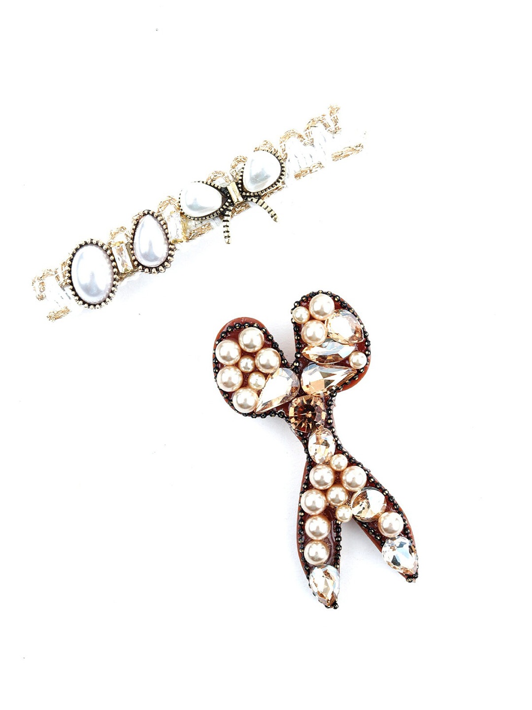 

ODETTE Women White & Maroon Set of 2 Embellished Alligator Hair Clip