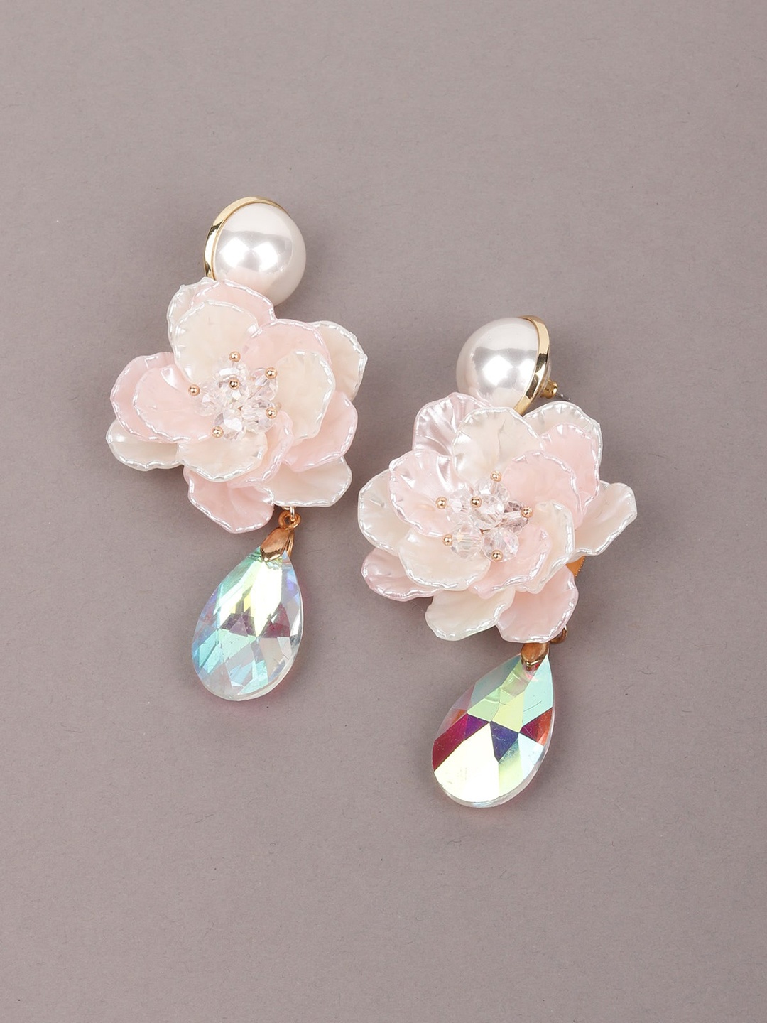 

ODETTE Gold-Toned & Pink Floral Pearls Drop Earrings