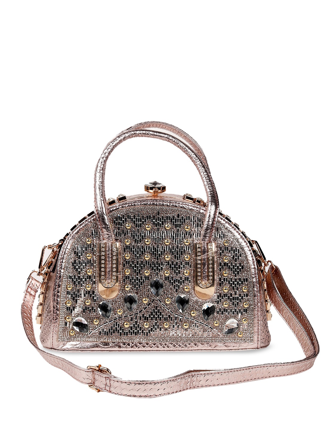 

ODETTE Rose Gold Embellished Structured Handheld Bag