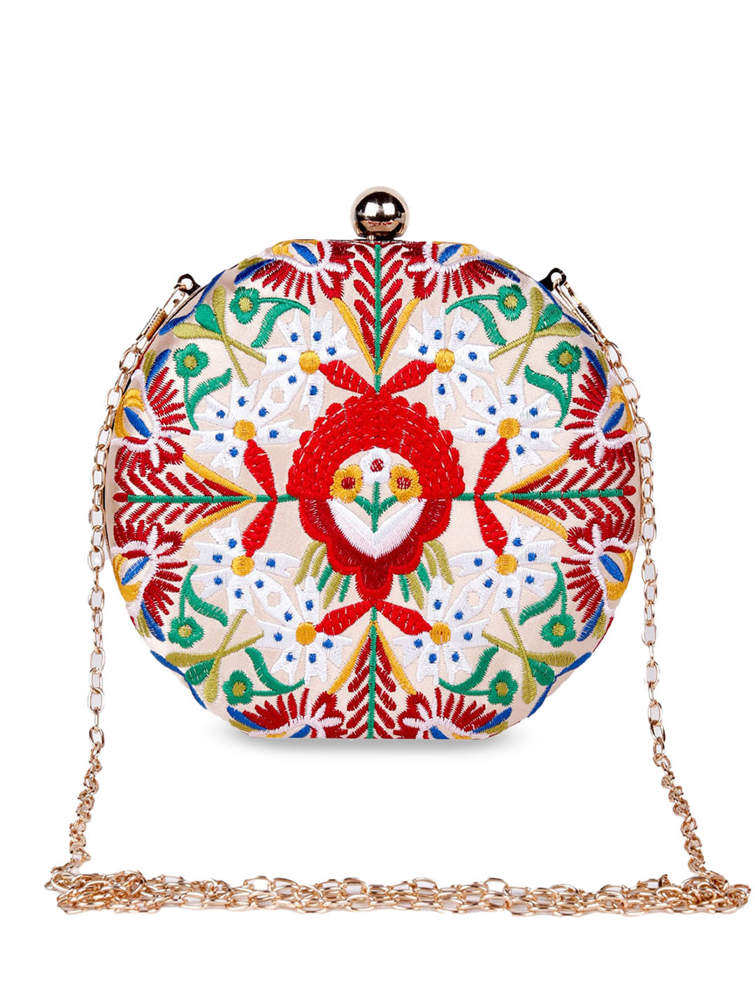 

ODETTE Peach-Coloured and Multi-Colored Floral Embroidered Leather Sling Bag