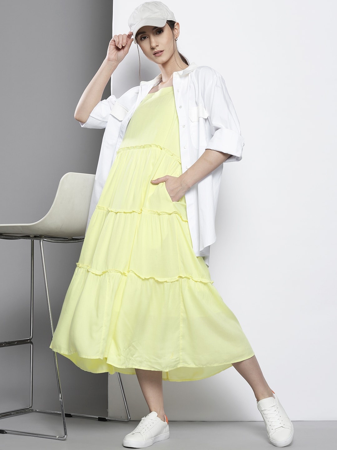 

Nautica Yellow Solid Shoulder Straps Flounce Hem Tiered A-Line Midi Dress