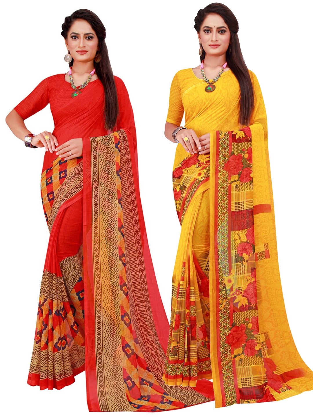 

SAADHVI Yellow & Red Set Of 2 Floral Pure Georgette Saree