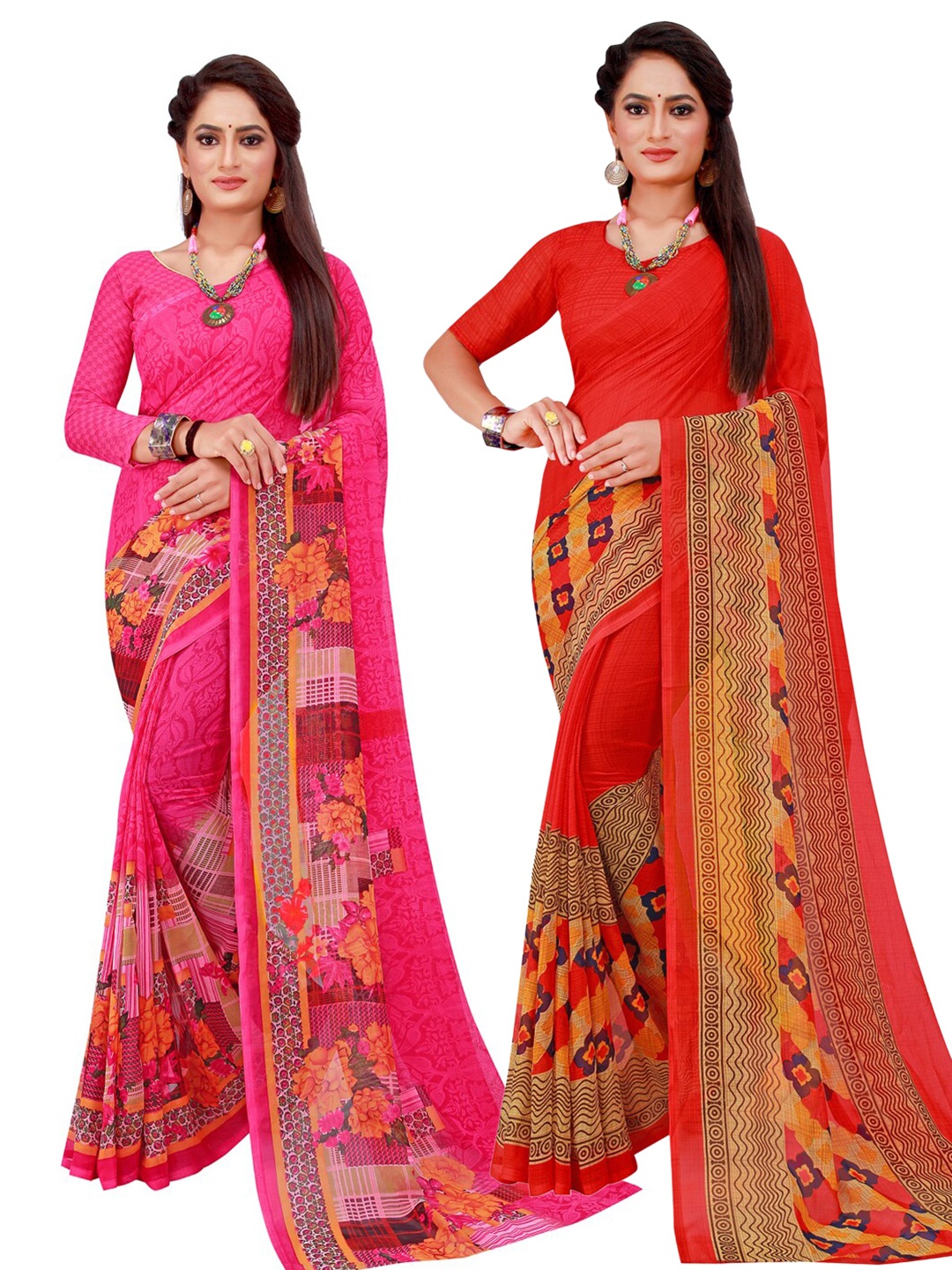

SAADHVI Magenta & Red Printed Pure Georgette Saree Pack Of 2