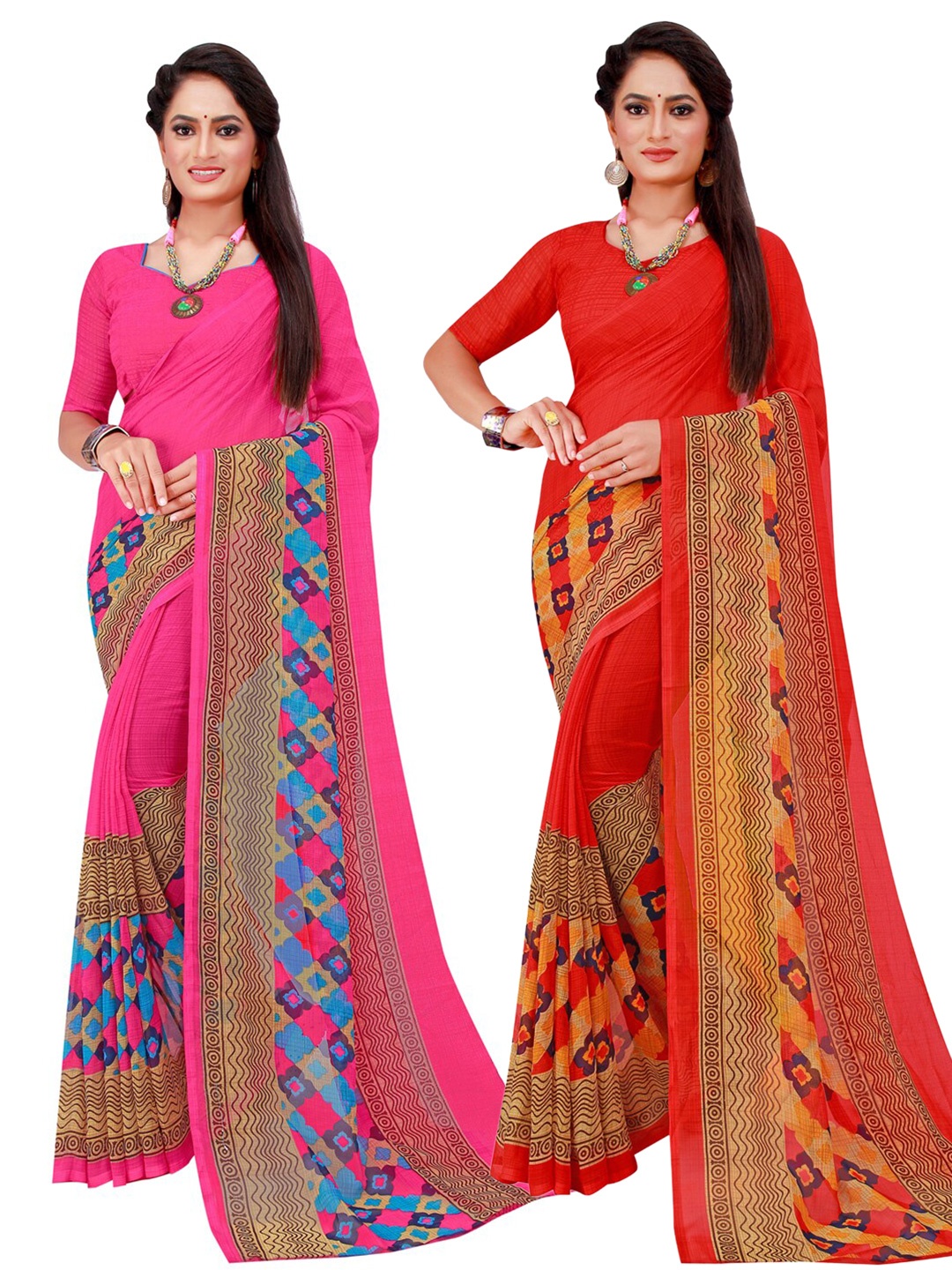 

SAADHVI Pink & Red Printed Pure Georgette Saree Pack Of 2