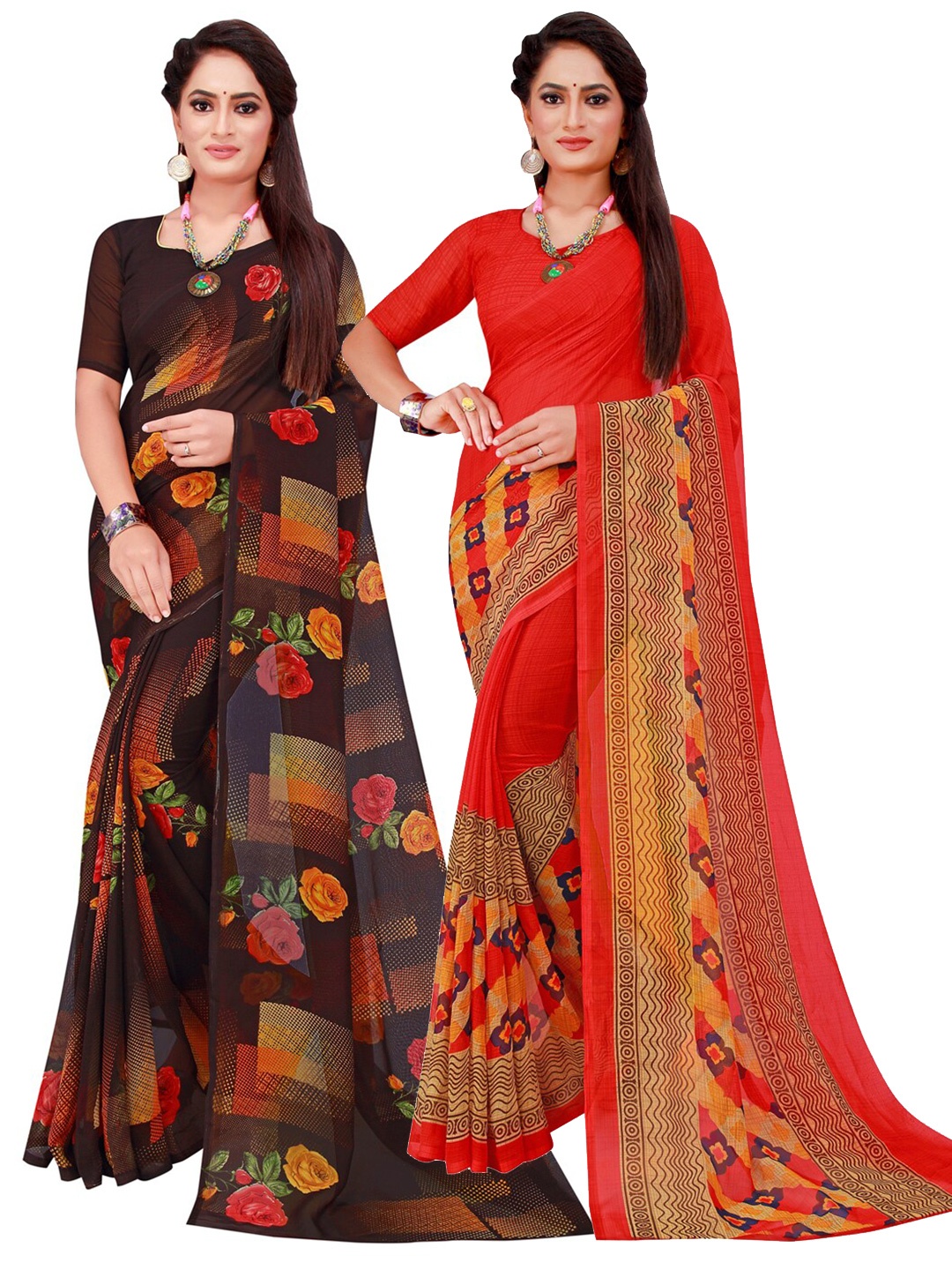 

SAADHVI Red & Brown Printed Pure Georgette Saree Pack Of 2