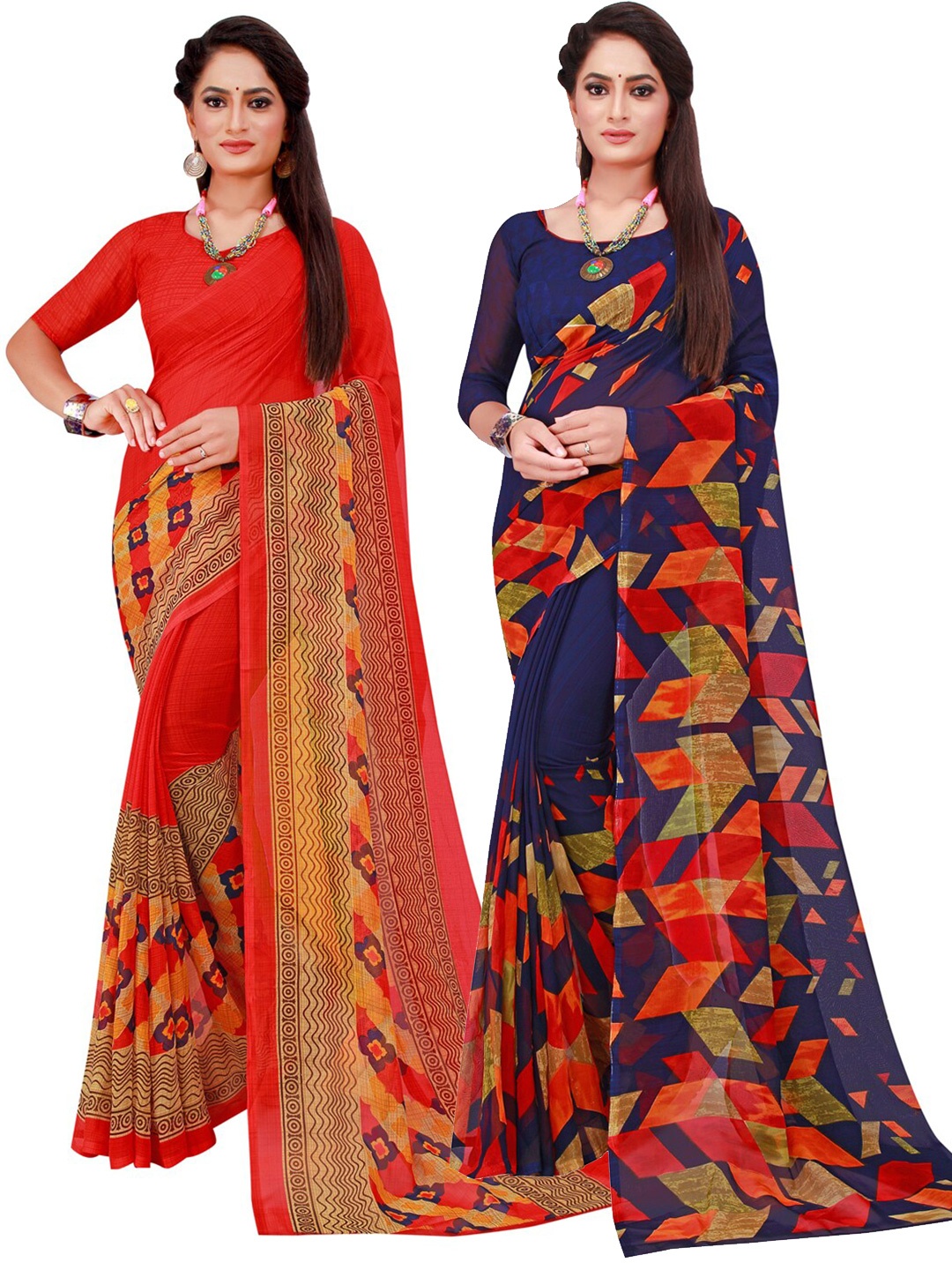 

SAADHVI Navy Blue & Red Set Of 2 Pure Georgette Saree
