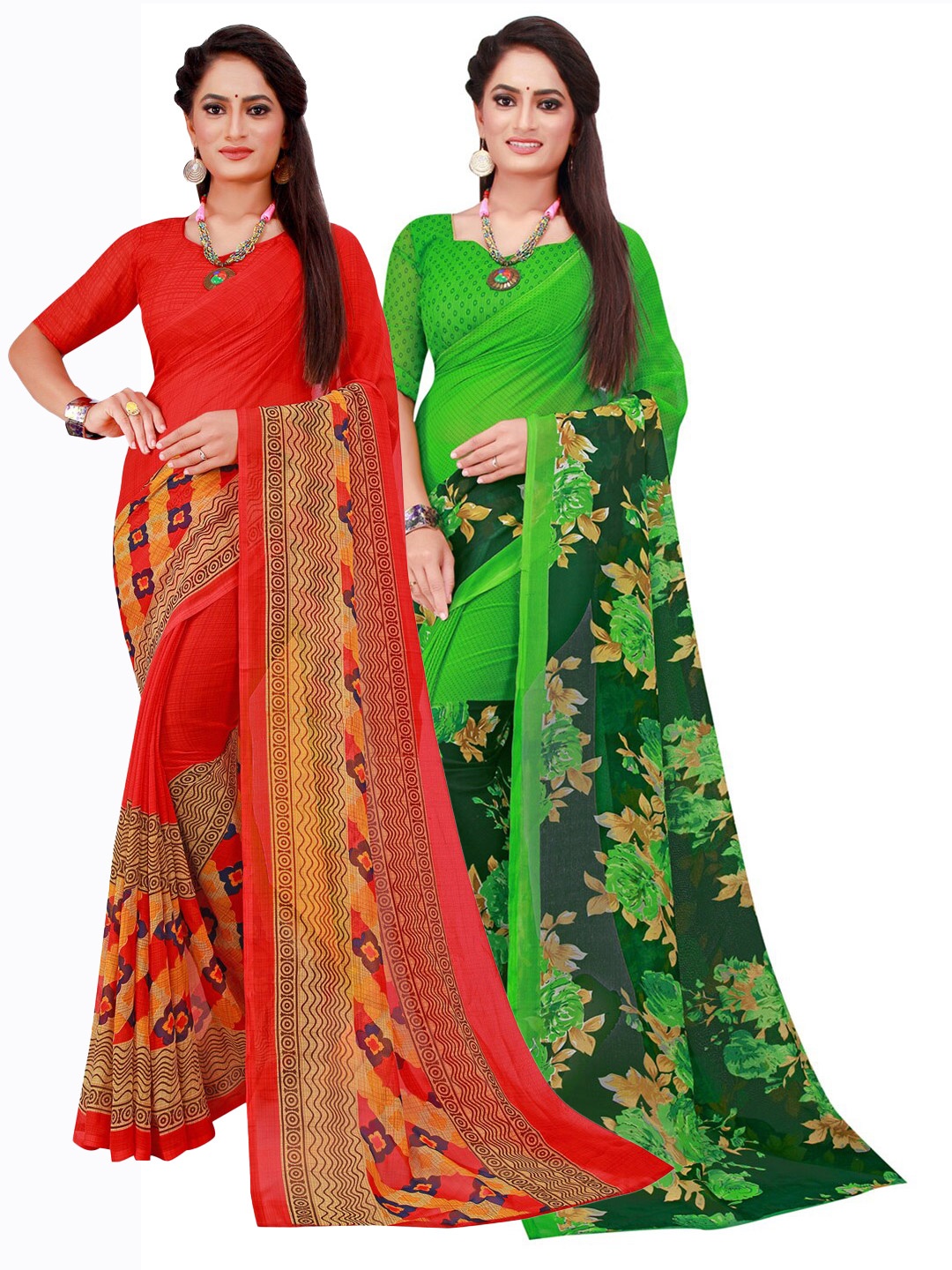

SAADHVI Red & Green Set Of 2 Floral Pure Georgette Saree
